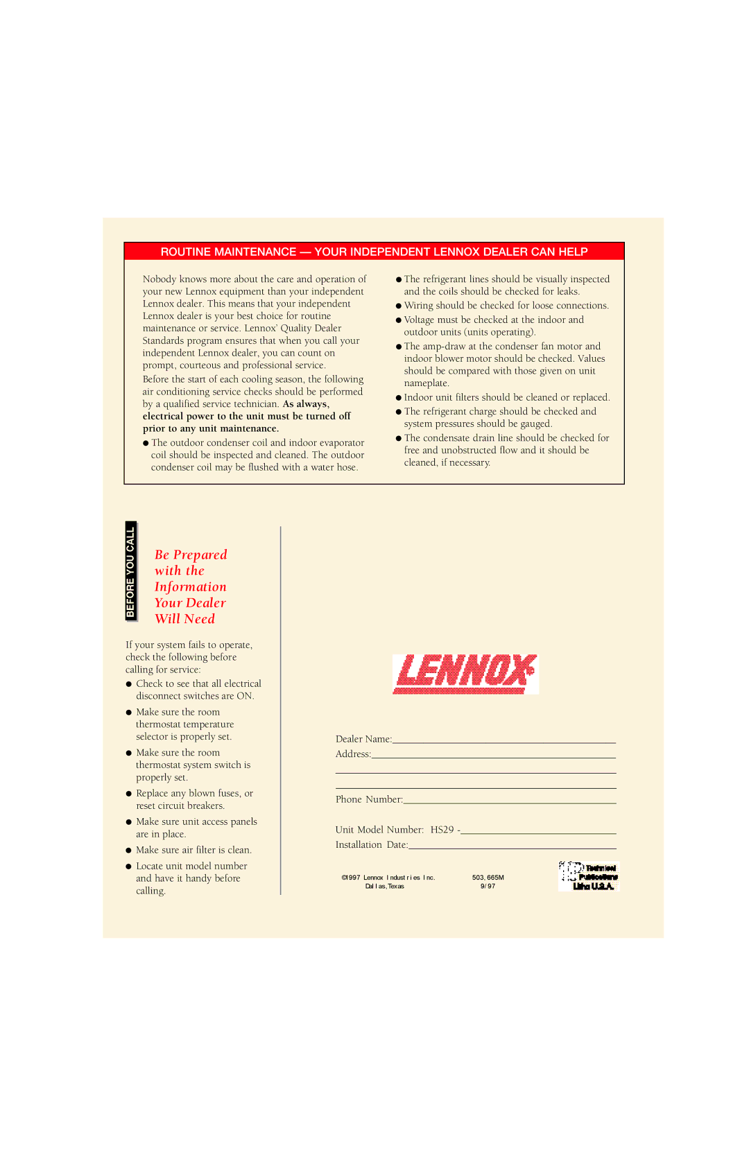 Lennox International Inc 11 owner manual Be Prepared with the Information Your Dealer Will Need 