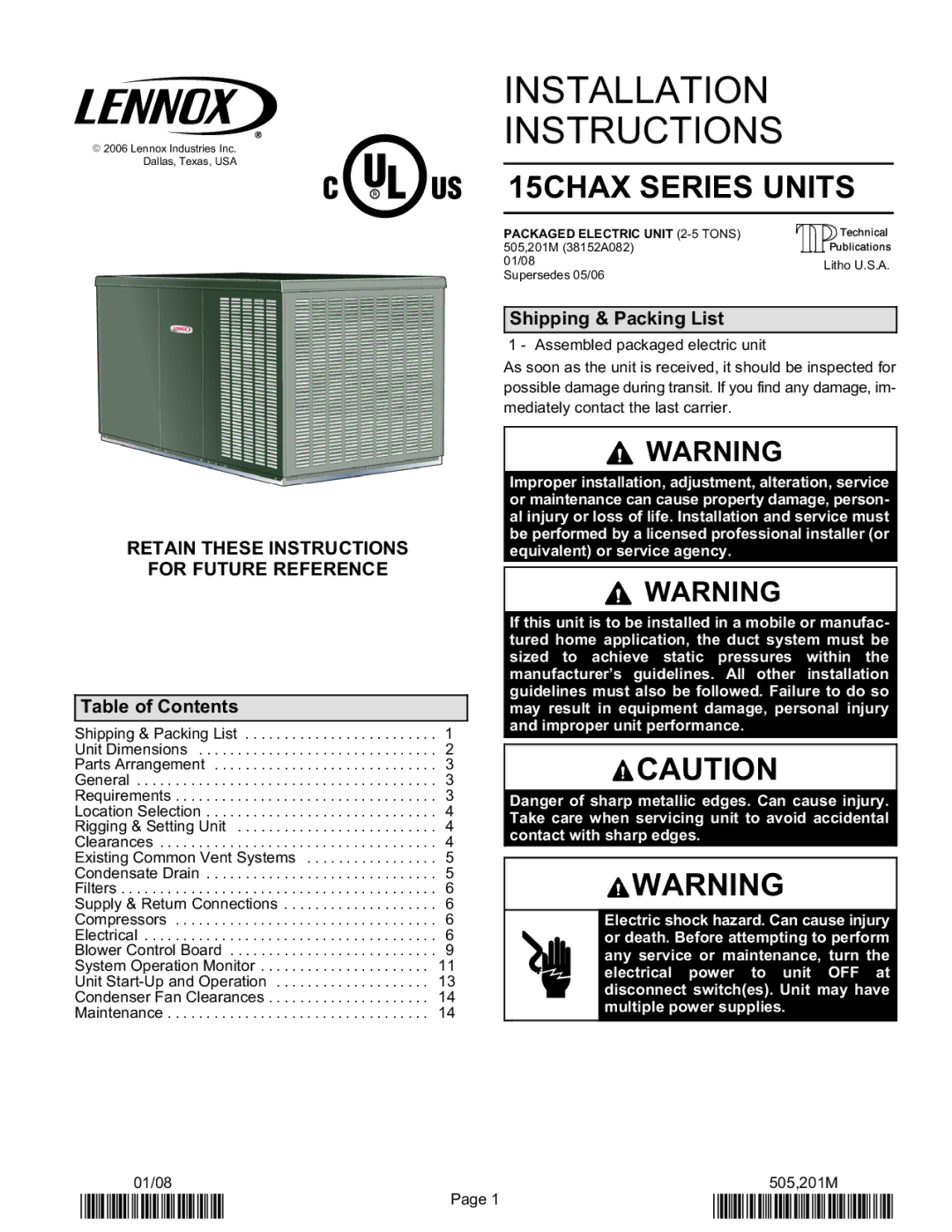 Lennox International Inc 15CHAX Series installation instructions Shipping & Packing List, Table of Contents 