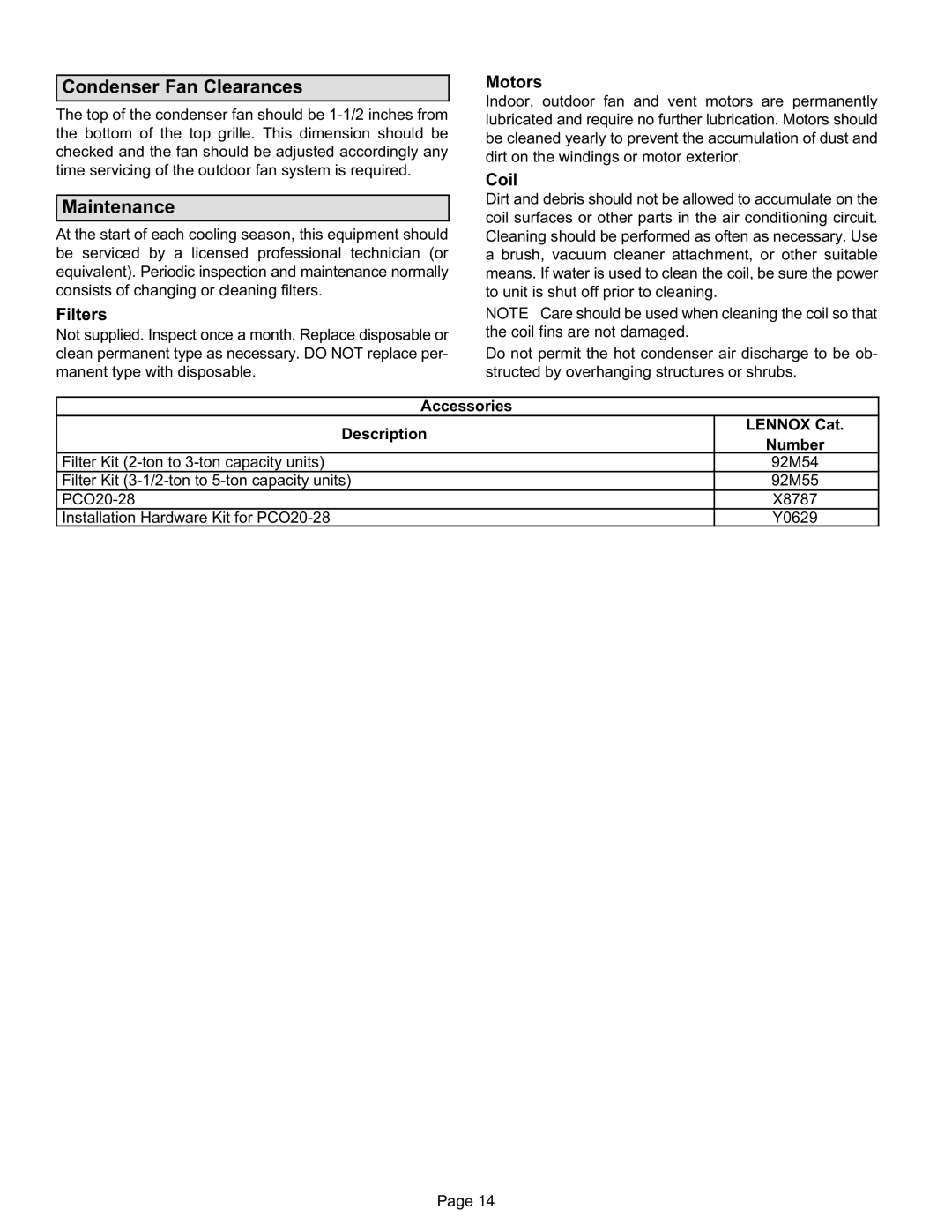 Lennox International Inc 15CHAX Series Condenser Fan Clearances, Maintenance, Filters, Motors, Coil 