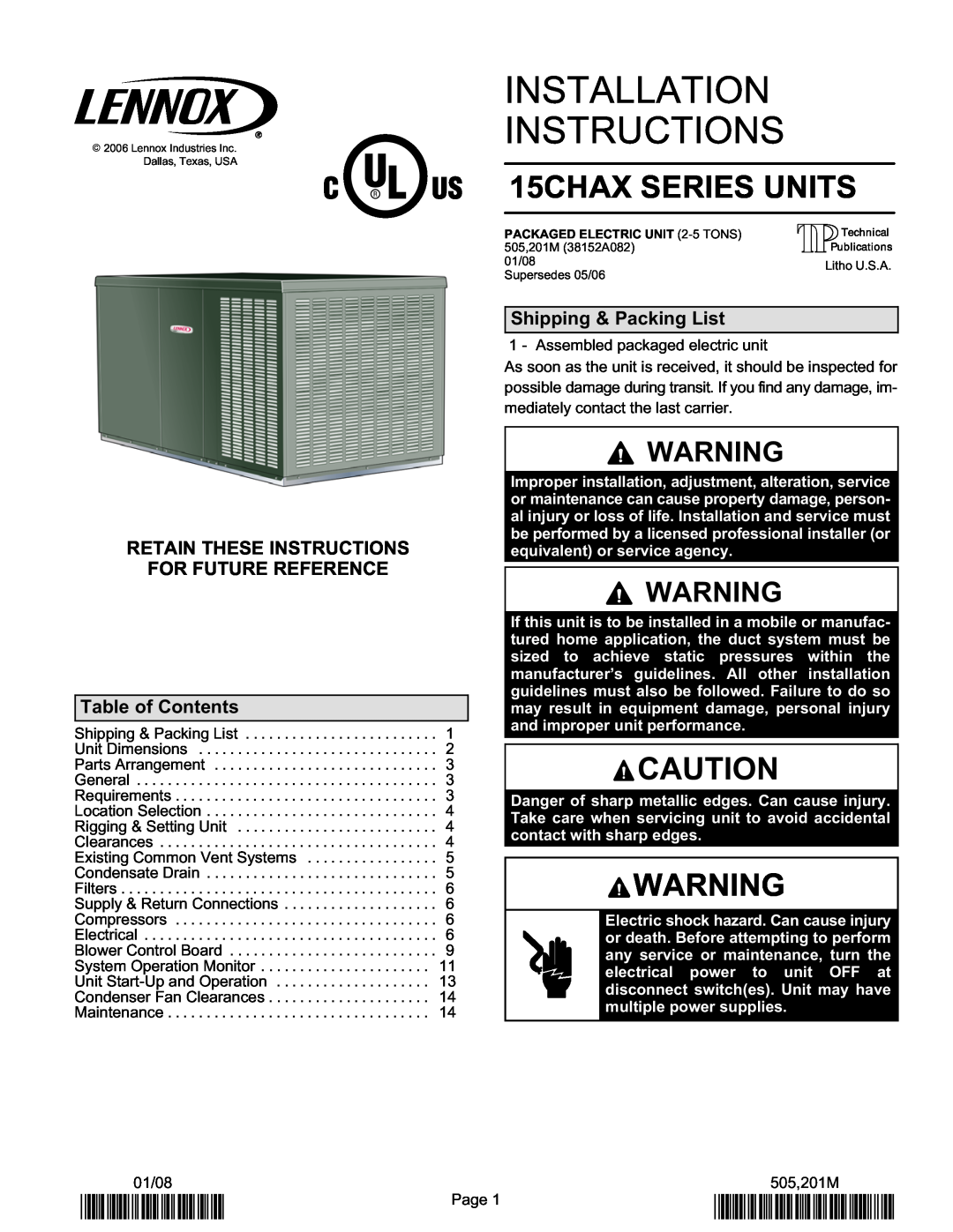 Lennox International Inc 15CHAX Series installation instructions Retain These Instructions For Future Reference, 2P0108 