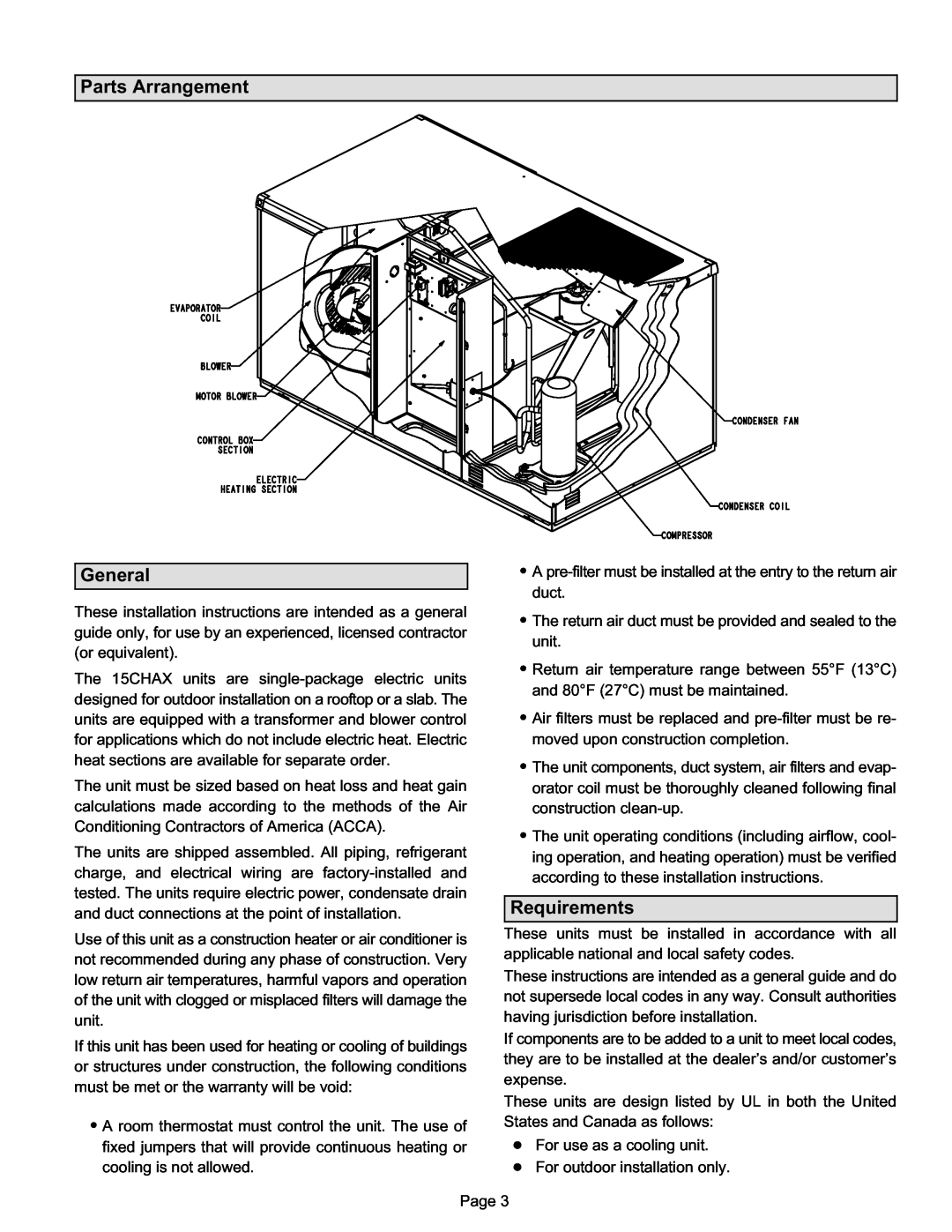 Lennox International Inc 15CHAX Series installation instructions Parts Arrangement, General, Requirements 
