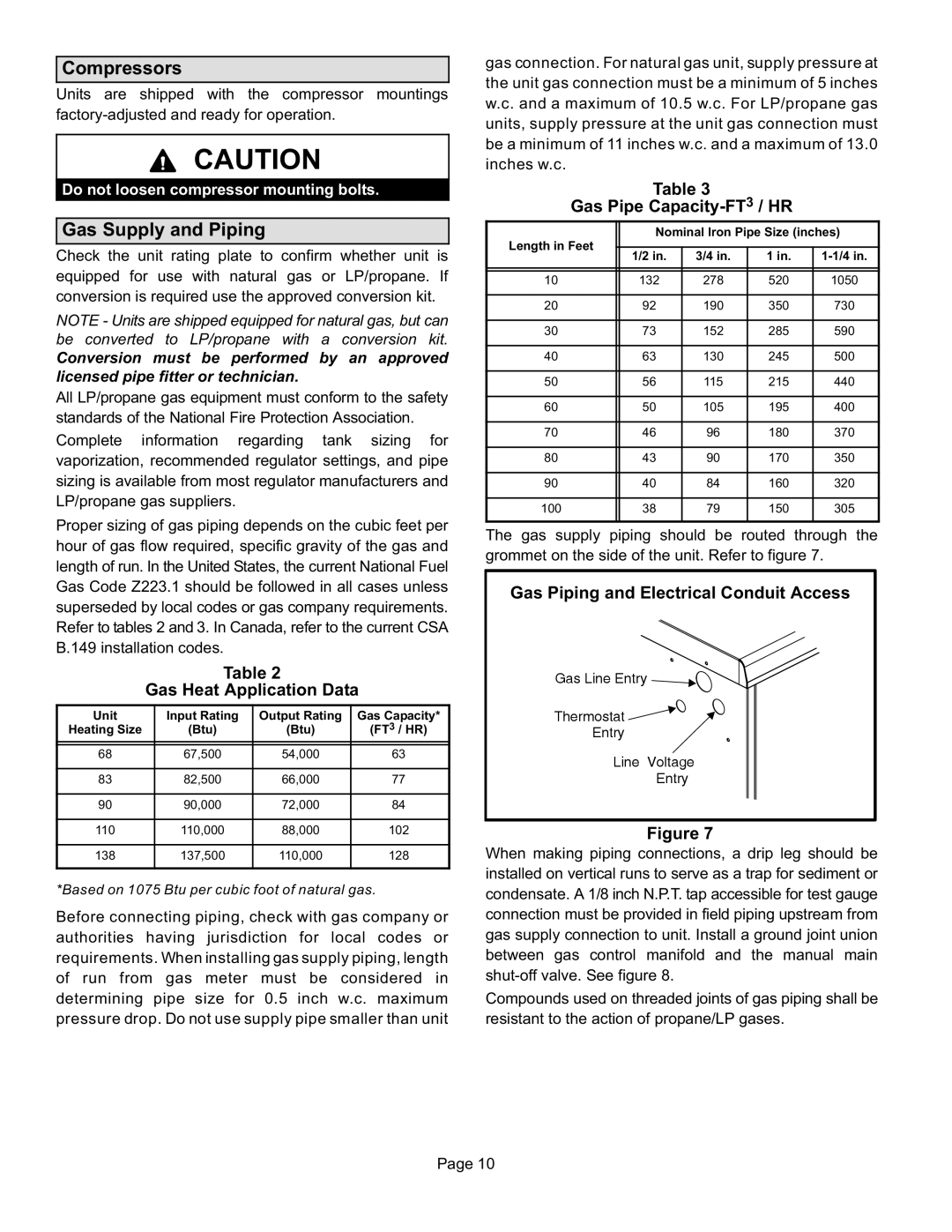 Lennox International Inc 15GCSX Compressors, Gas Supply and Piping, Gas Heat Application Data, Gas Pipe Capacity−FT3 / HR 