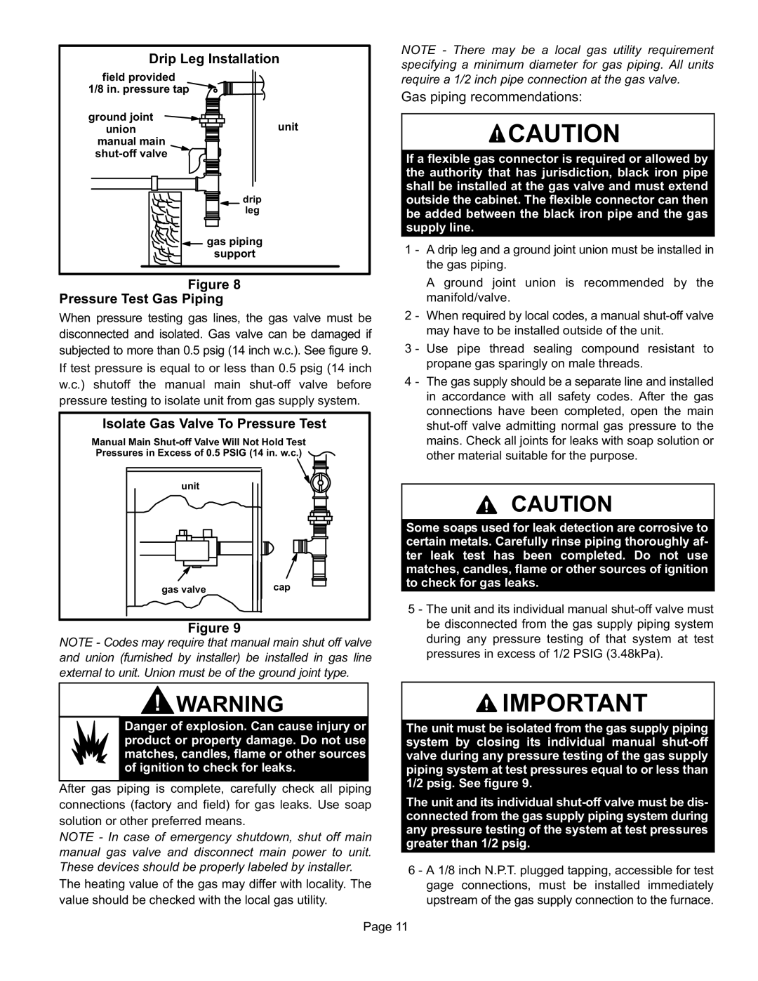 Lennox International Inc Gas Packaged Units Drip Leg Installation, Pressure Test Gas Piping, Gas piping recommendations 