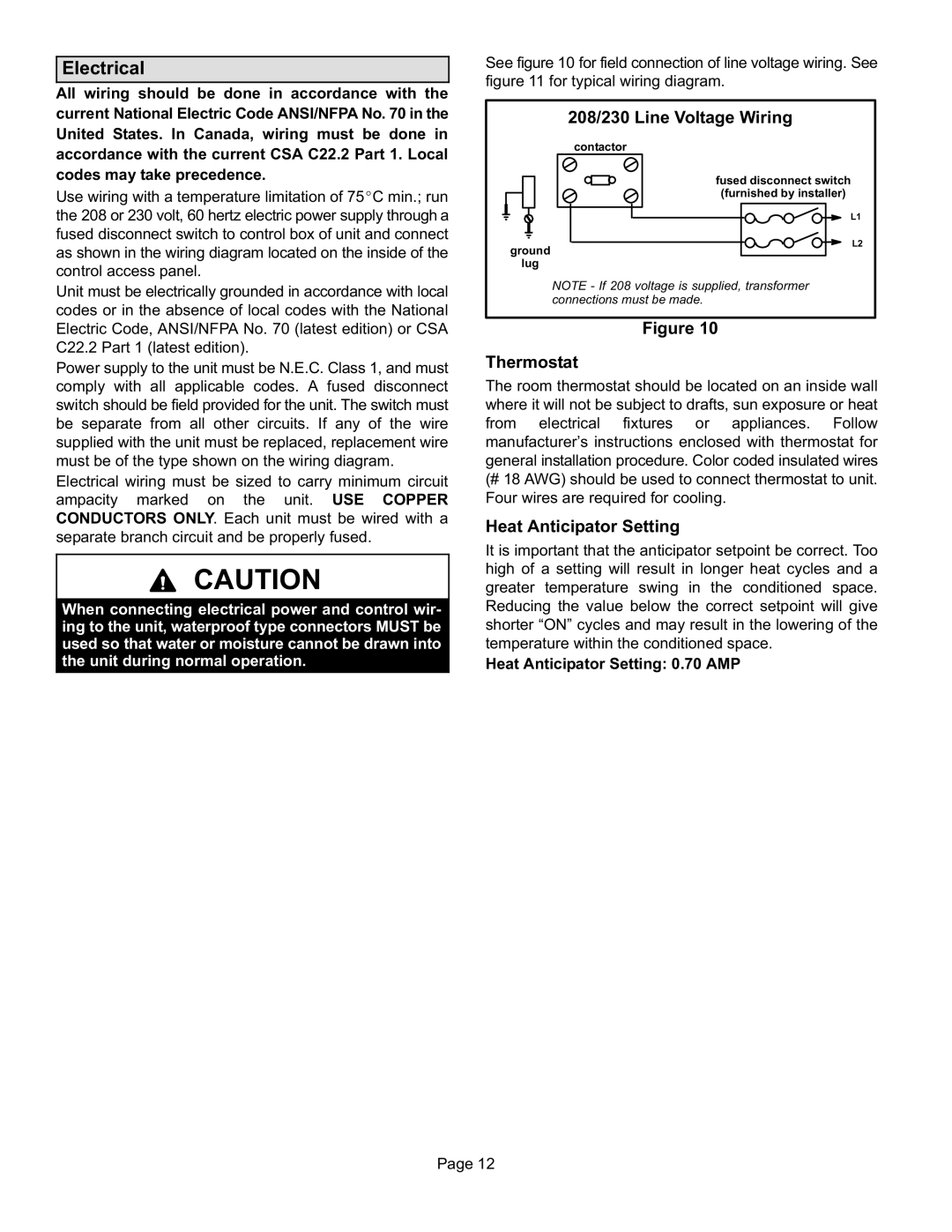 Lennox International Inc 15GCSX Electrical, 208/230 Line Voltage Wiring, Thermostat, Heat Anticipator Setting 