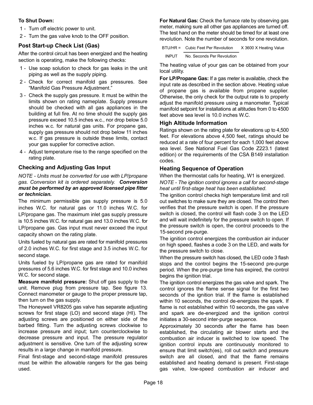 Lennox International Inc 15GCSX Post Start−up Check List Gas, Checking and Adjusting Gas Input, High Altitude Information 