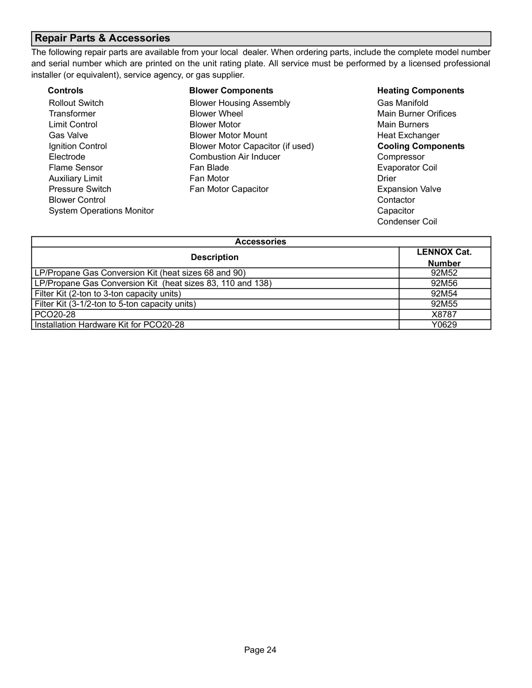 Lennox International Inc 15GCSX, Gas Packaged Units installation instructions Repair Parts & Accessories 