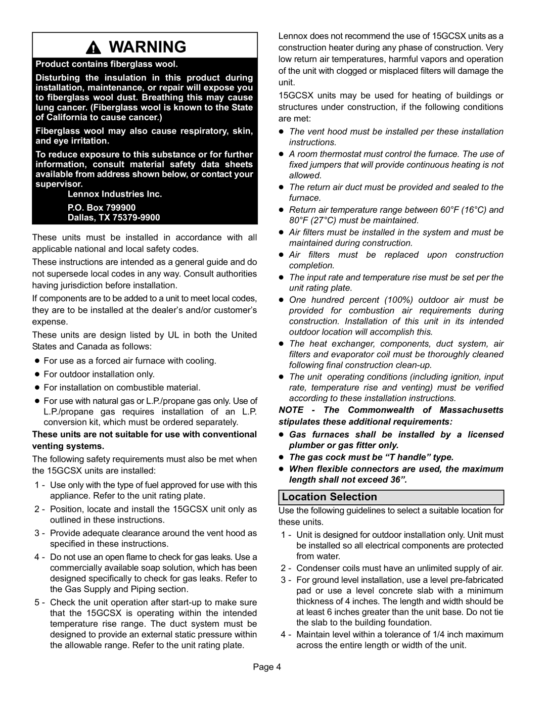 Lennox International Inc 15GCSX, Gas Packaged Units installation instructions Location Selection 