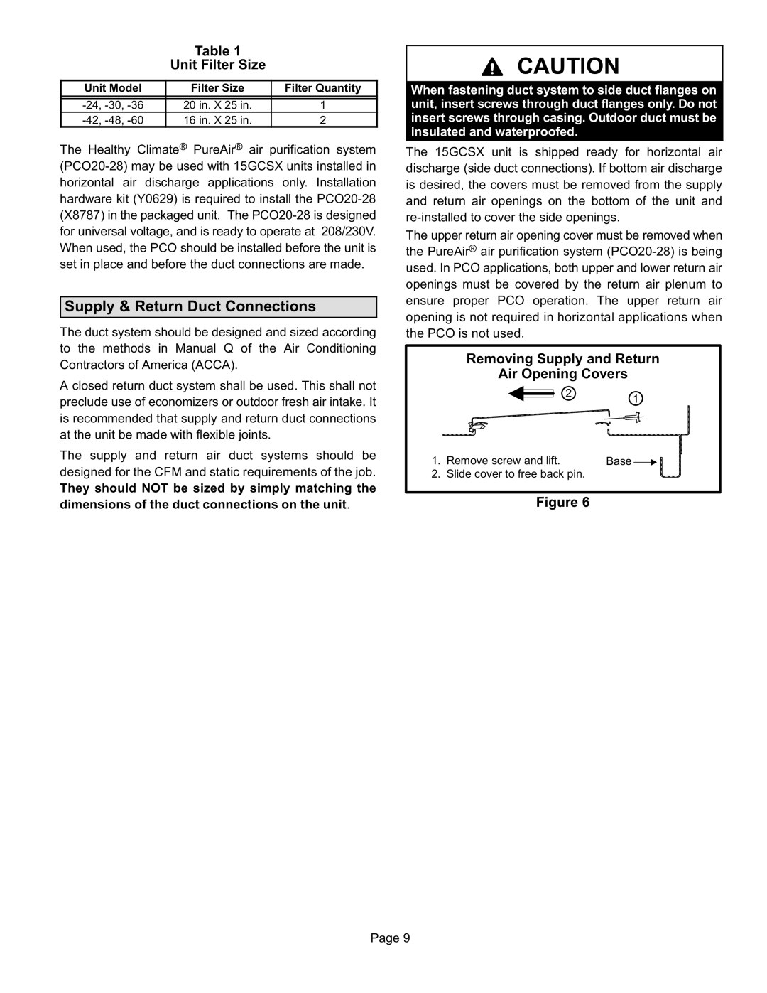 Lennox International Inc Gas Packaged Units Supply & Return Duct Connections, Unit Filter Size, Removing Supply and Return 