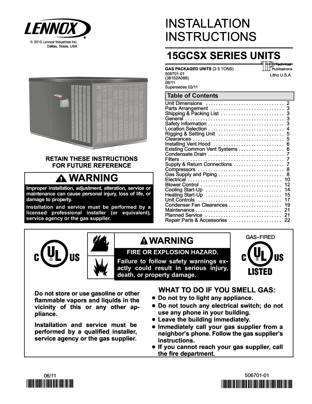 Lennox International Inc Gas Packaged Units installation instructions Installation Instructions, 15GCSX SERIES UNITS 