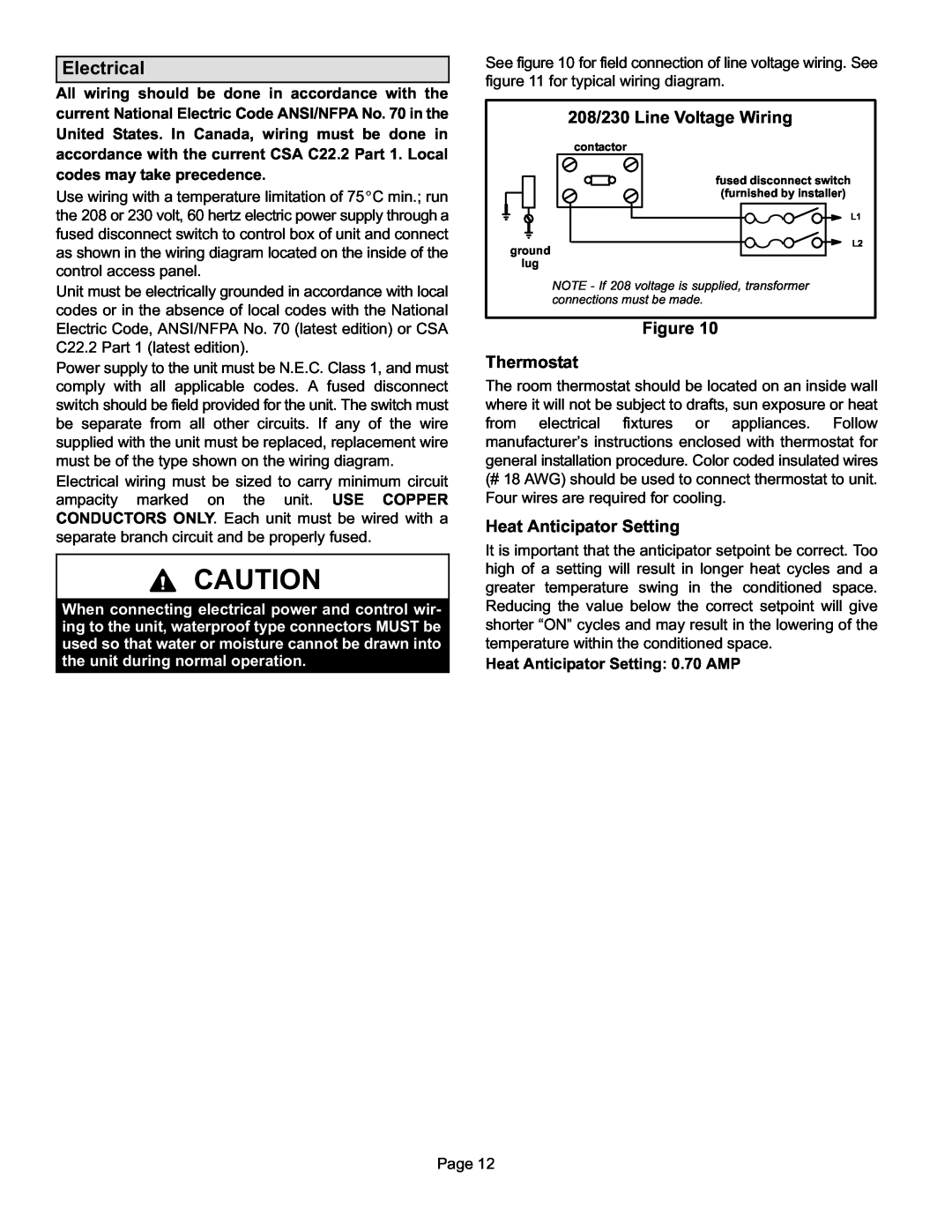 Lennox International Inc 15GCSX Electrical, 208/230 Line Voltage Wiring, Figure Thermostat, Heat Anticipator Setting 