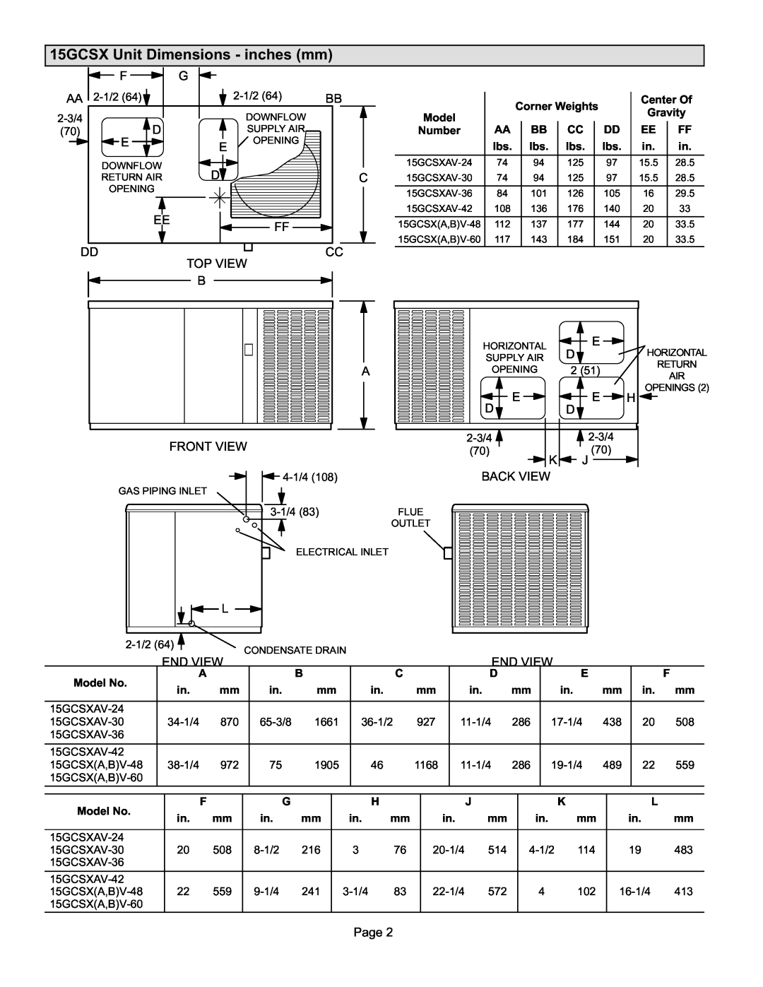 Lennox International Inc Gas Packaged Units installation instructions 15GCSX Unit Dimensions − inches mm 