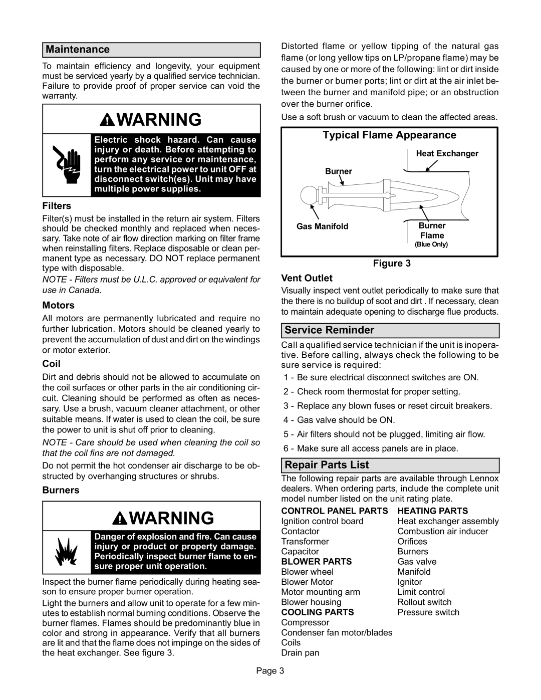 Lennox International Inc 15GCSX, Lennox Unit Maintenance, Typical Flame Appearance, Service Reminder, Repair Parts List 