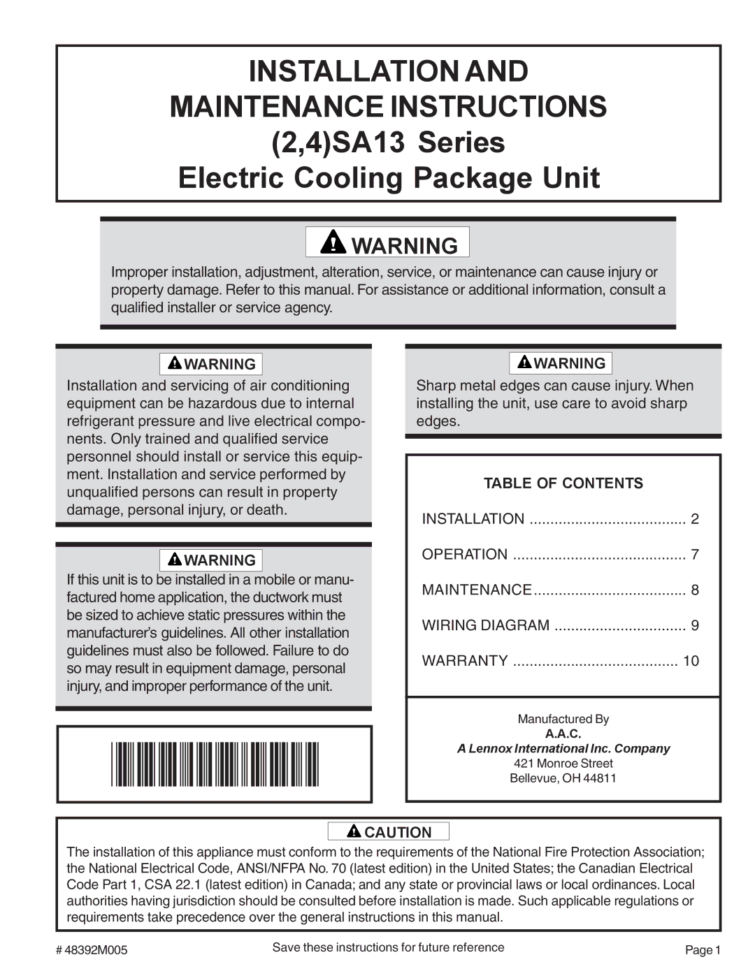 Lennox International Inc (2/4)SA13 warranty Installation Maintenance Instructions, Table of Contents 