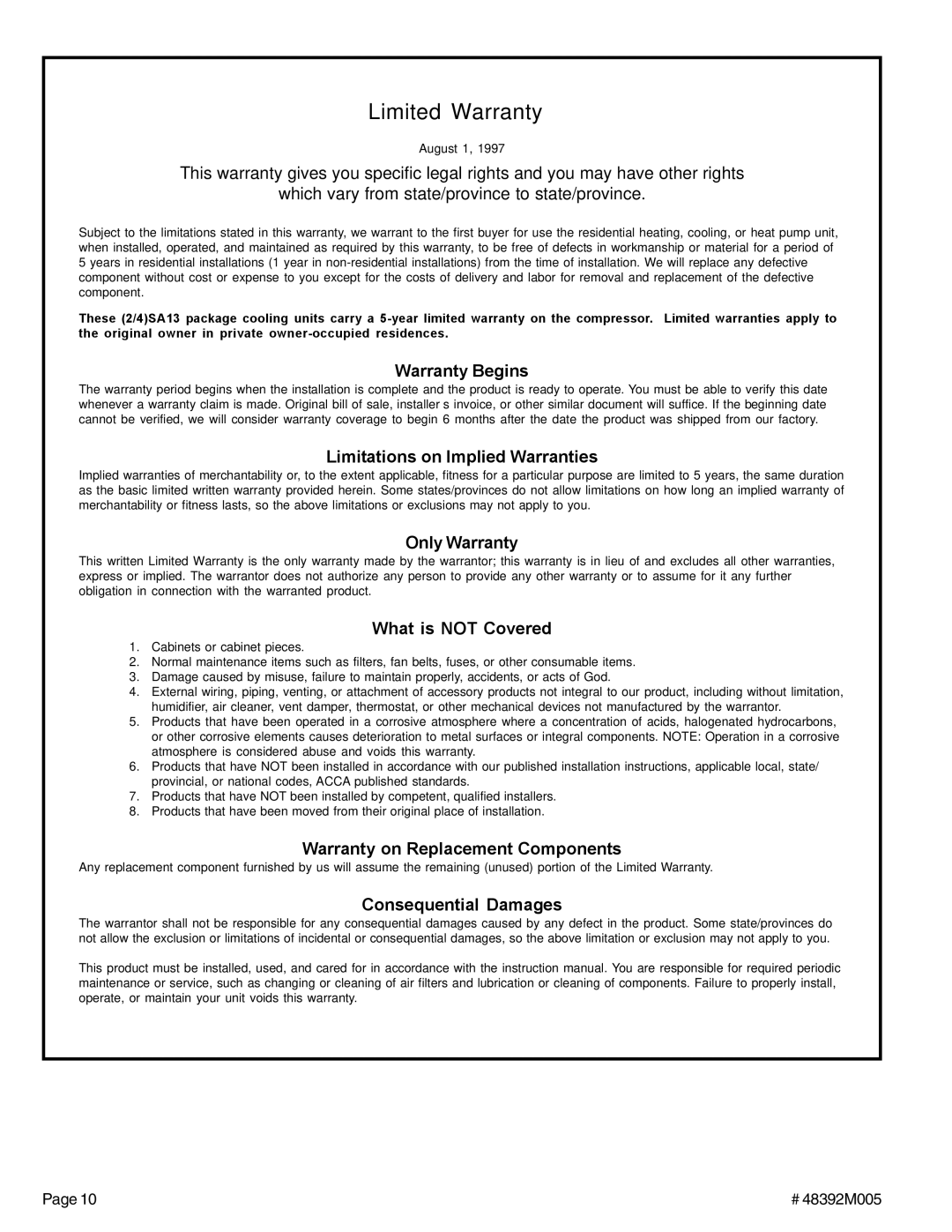 Lennox International Inc (2/4)SA13 warranty Limited Warranty 