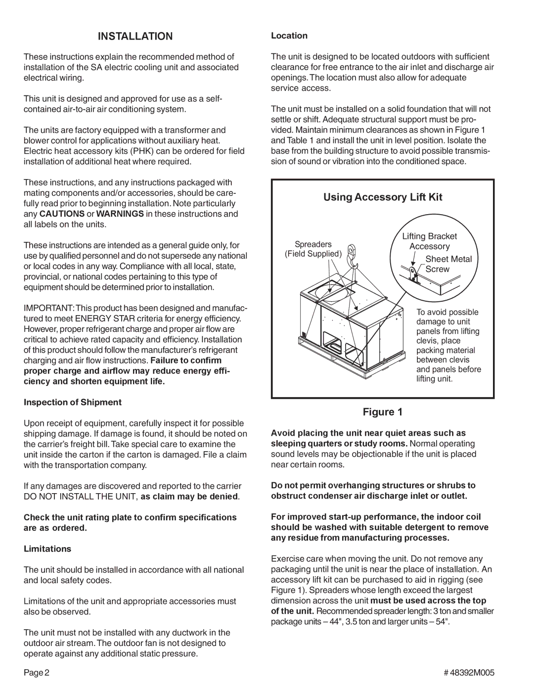 Lennox International Inc (2/4)SA13 warranty Installation, Using Accessory Lift Kit, Inspection of Shipment, Location 