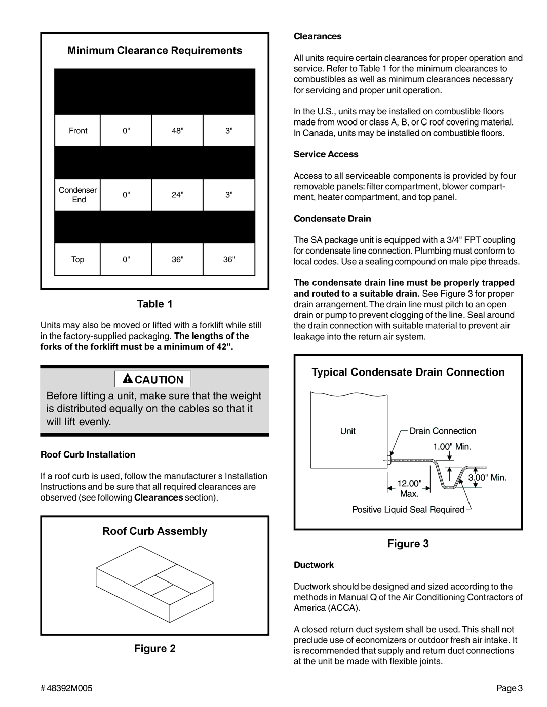 Lennox International Inc (2/4)SA13 Minimum Clearance Requirements, Typical Condensate Drain Connection, Roof Curb Assembly 