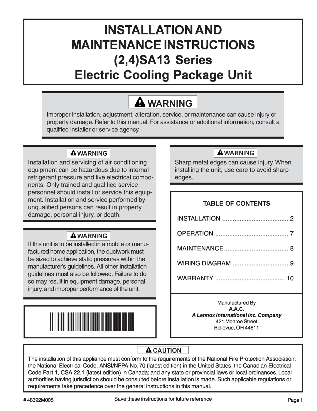 Lennox International Inc (2/4)SA13 warranty Table Of Contents, 48392M005, Installation And Maintenance Instructions 