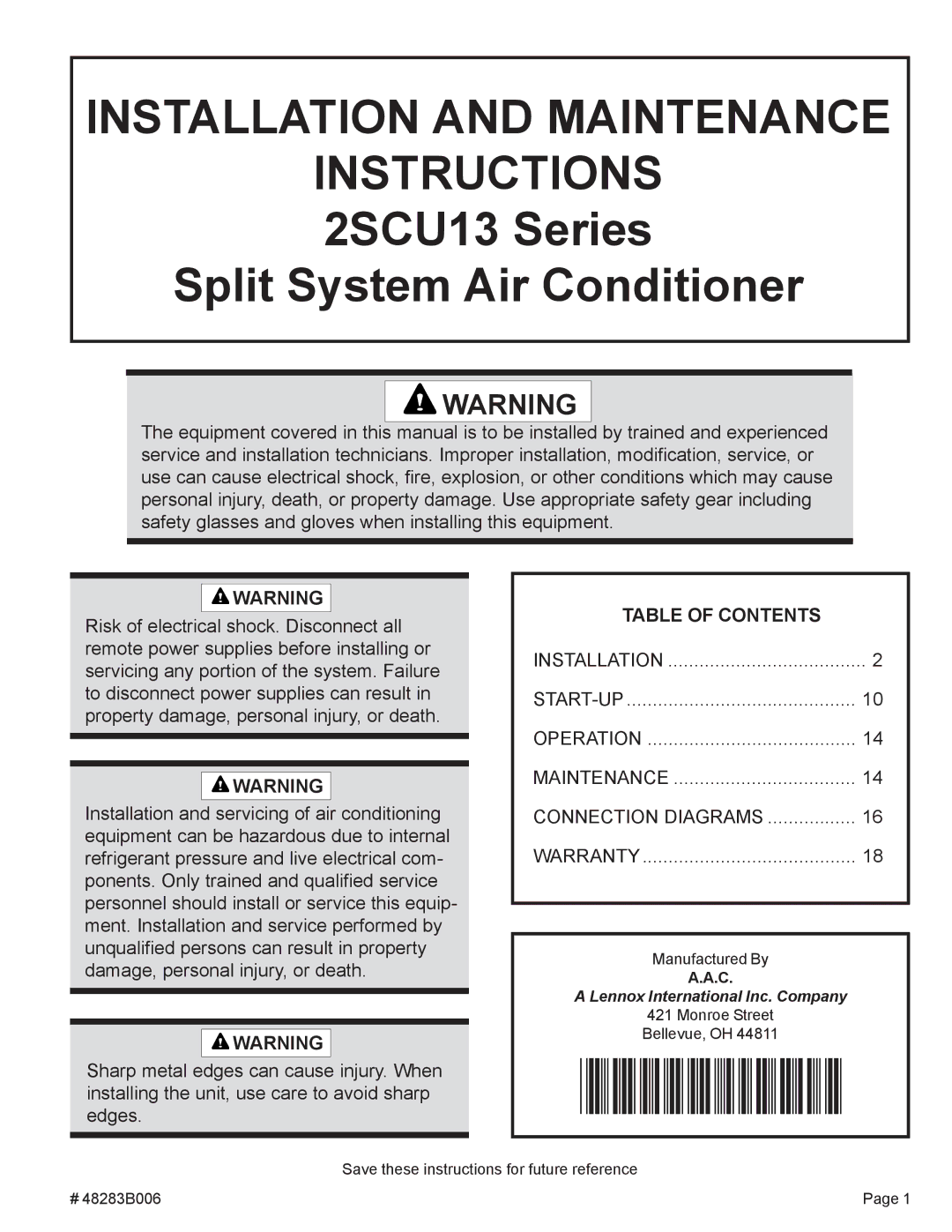 Lennox International Inc 2SCU13 warranty Installation and Maintenance Instructions, Table of Contents 