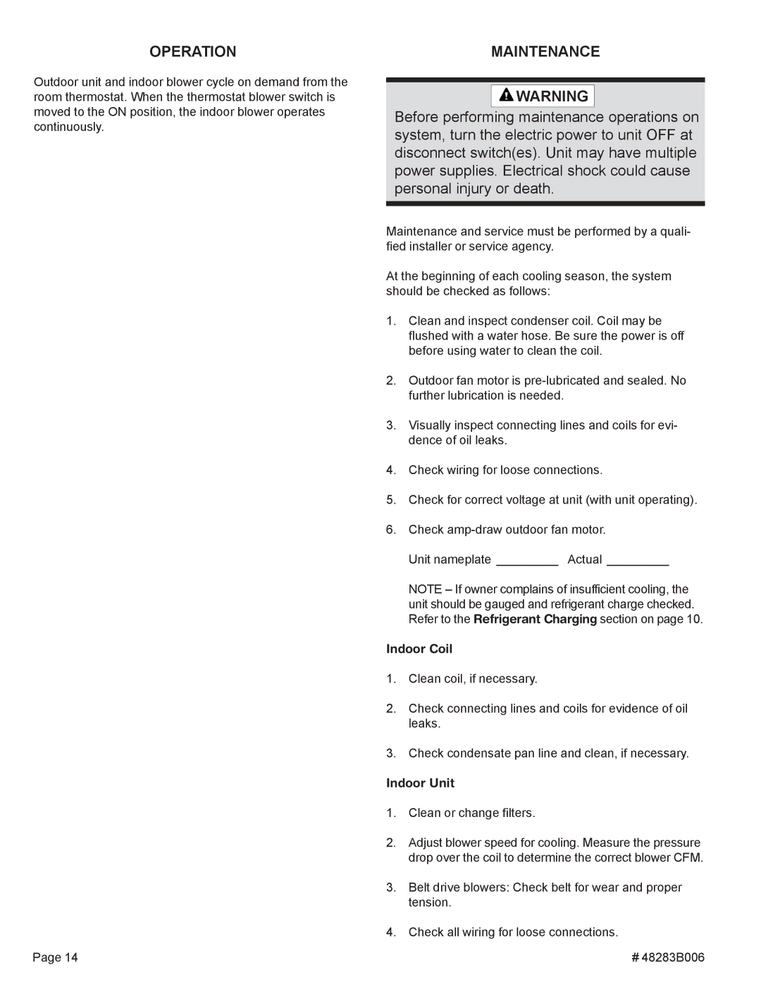 Lennox International Inc 2SCU13 warranty Operation, Maintenance, Indoor Coil, Indoor Unit 