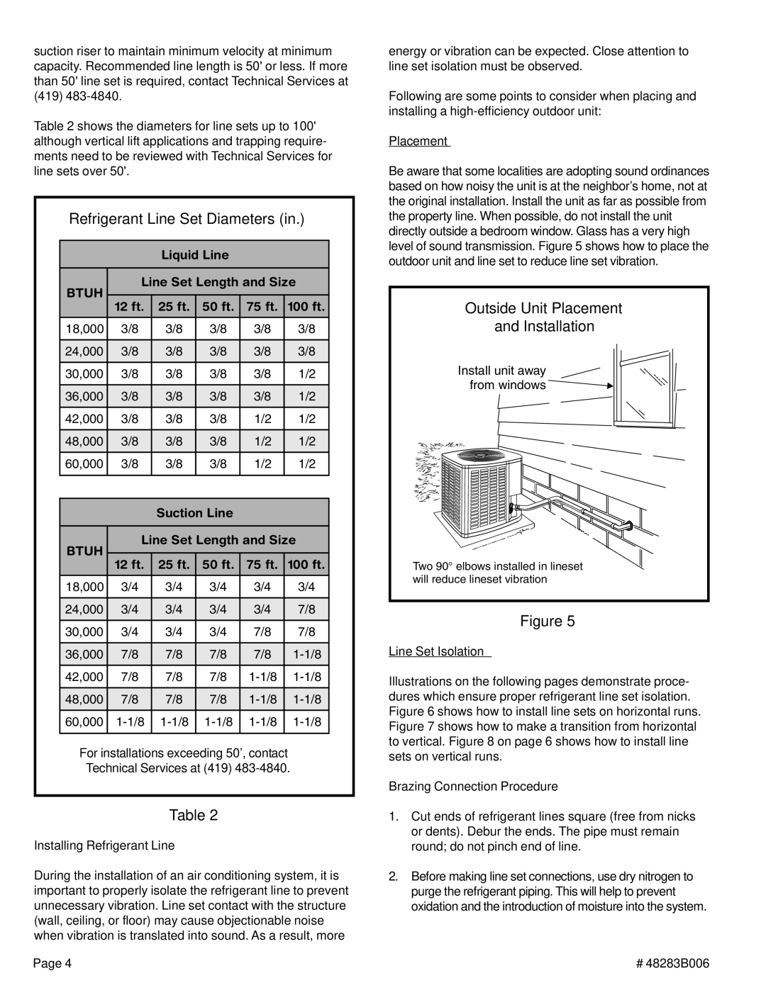 Lennox International Inc 2SCU13 warranty Refrigerant Line Set Diameters, Outside Unit Placement Installation 