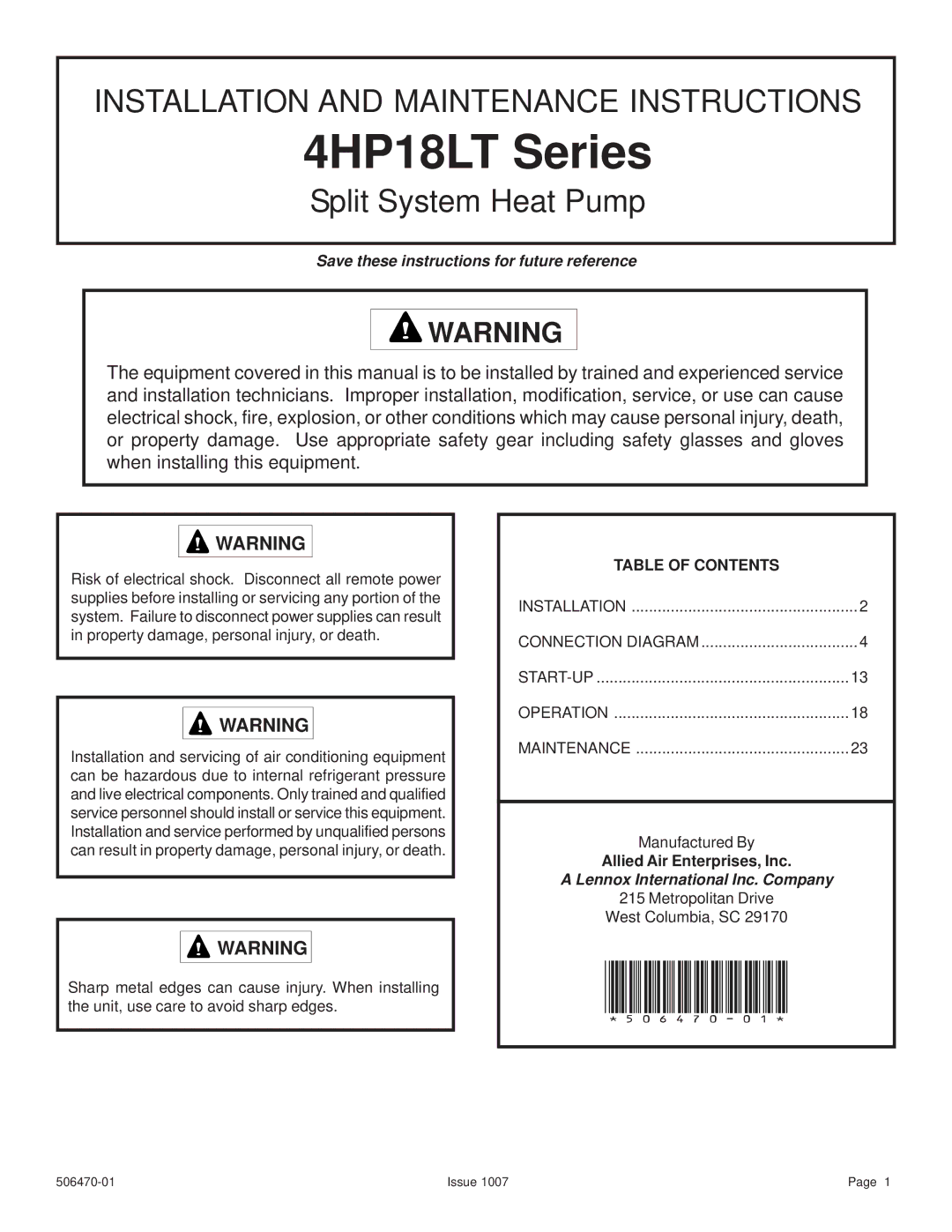 Lennox International Inc 4HP18LT manual Save these instructions for future reference, Lennox International Inc. Company 