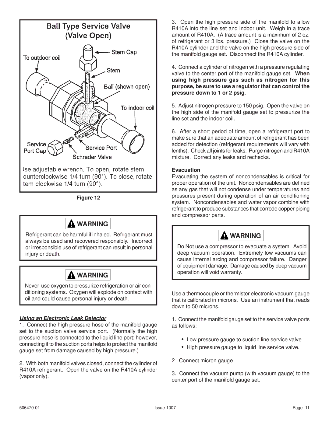 Lennox International Inc 4HP18LT manual Using an Electronic Leak Detector, Evacuation 