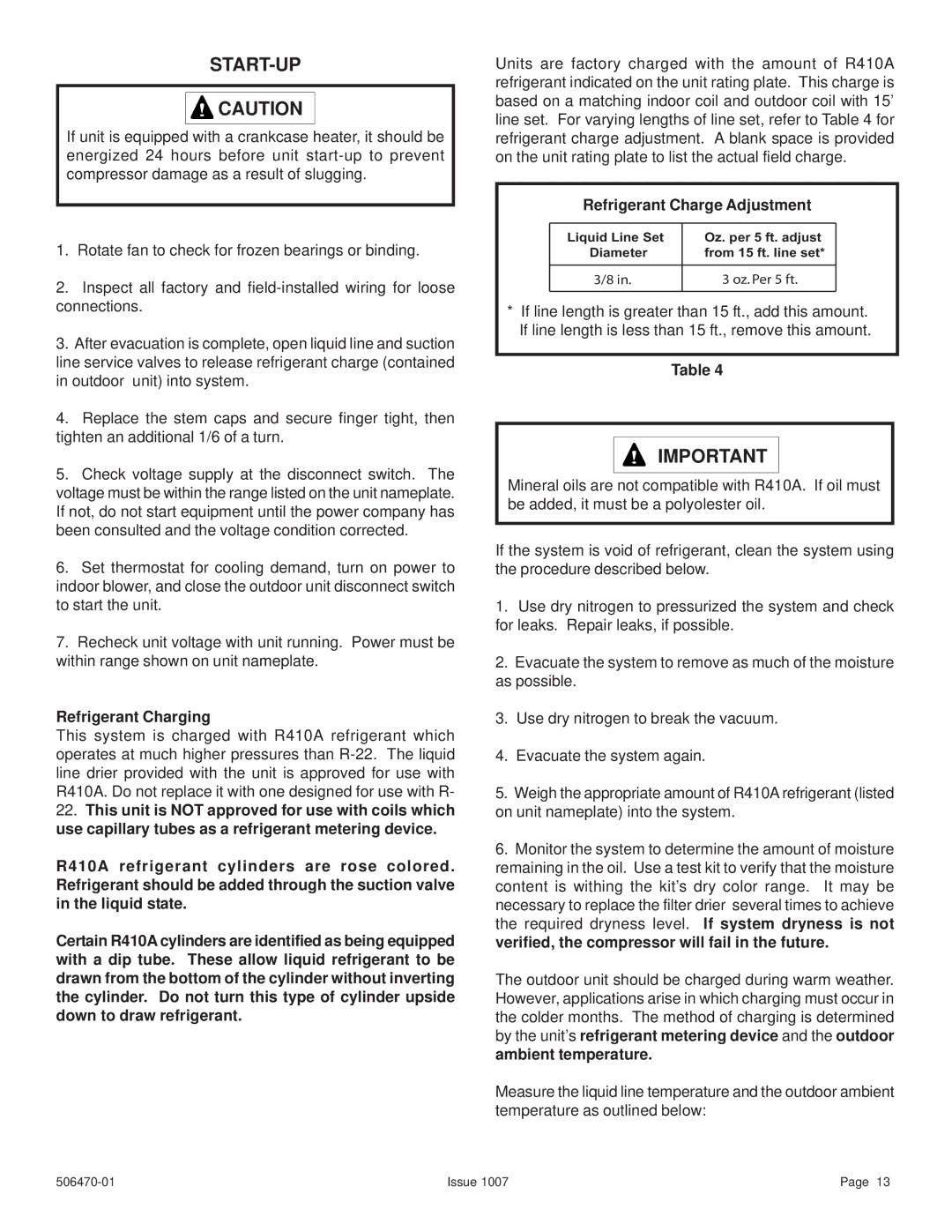 Lennox International Inc 4HP18LT manual Start-Up, Refrigerant Charging, Refrigerant Charge Adjustment 