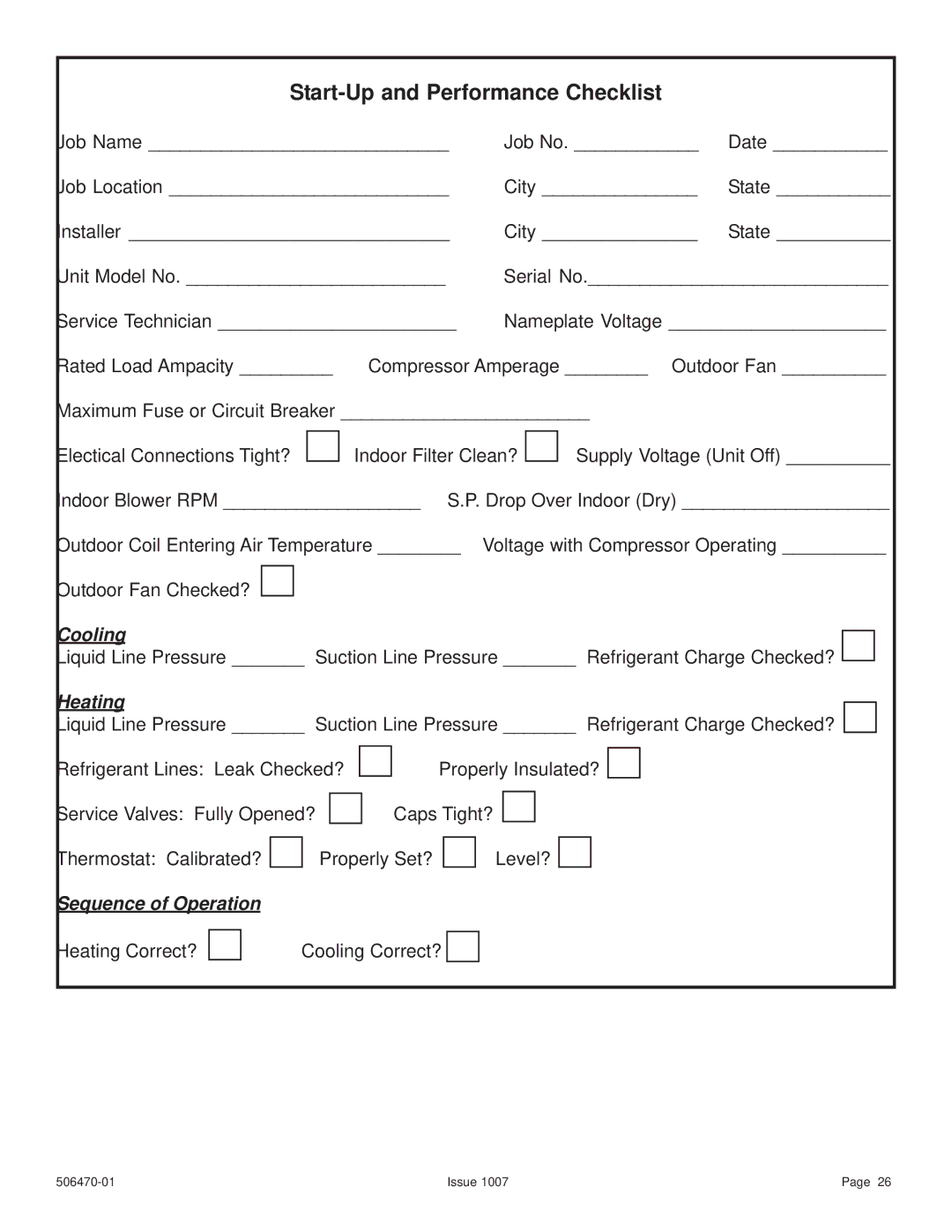 Lennox International Inc 4HP18LT manual Start-Up and Performance Checklist 