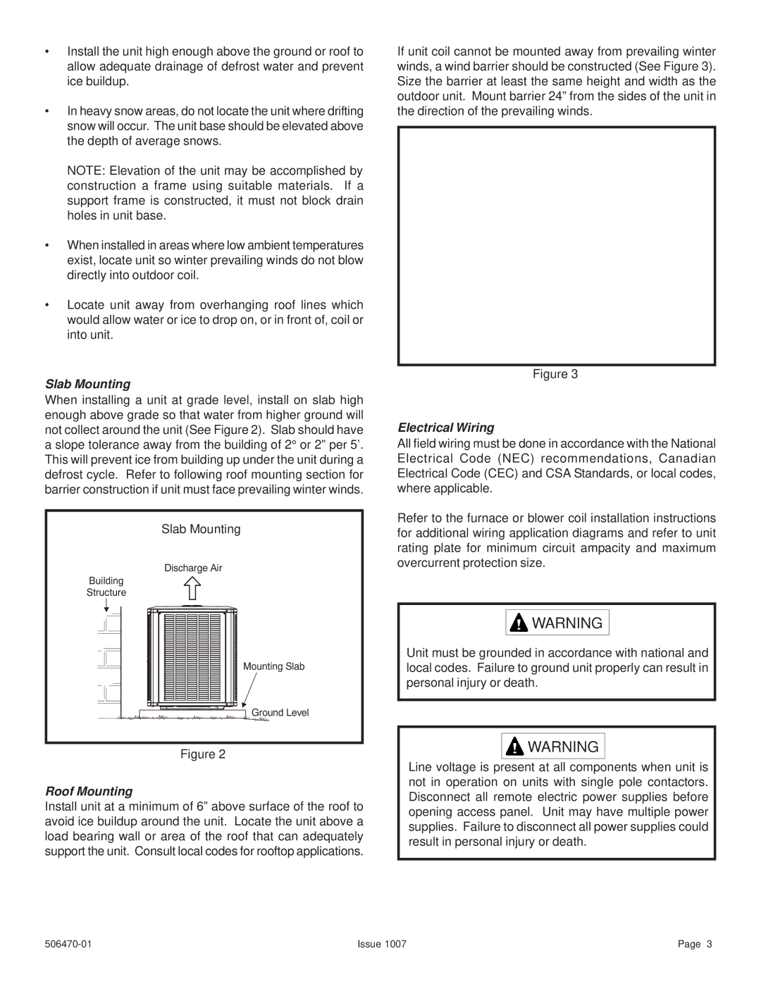 Lennox International Inc 4HP18LT manual Slab Mounting, Roof Mounting, Electrical Wiring 