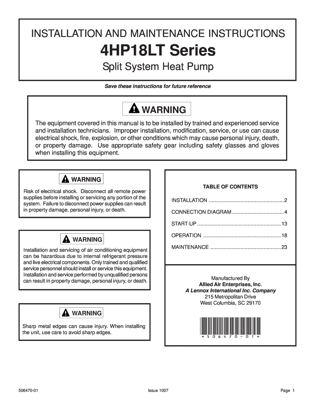 Lennox International Inc manual 4HP18LT Series, Installation And Maintenance Instructions, Split System Heat Pump, Page 