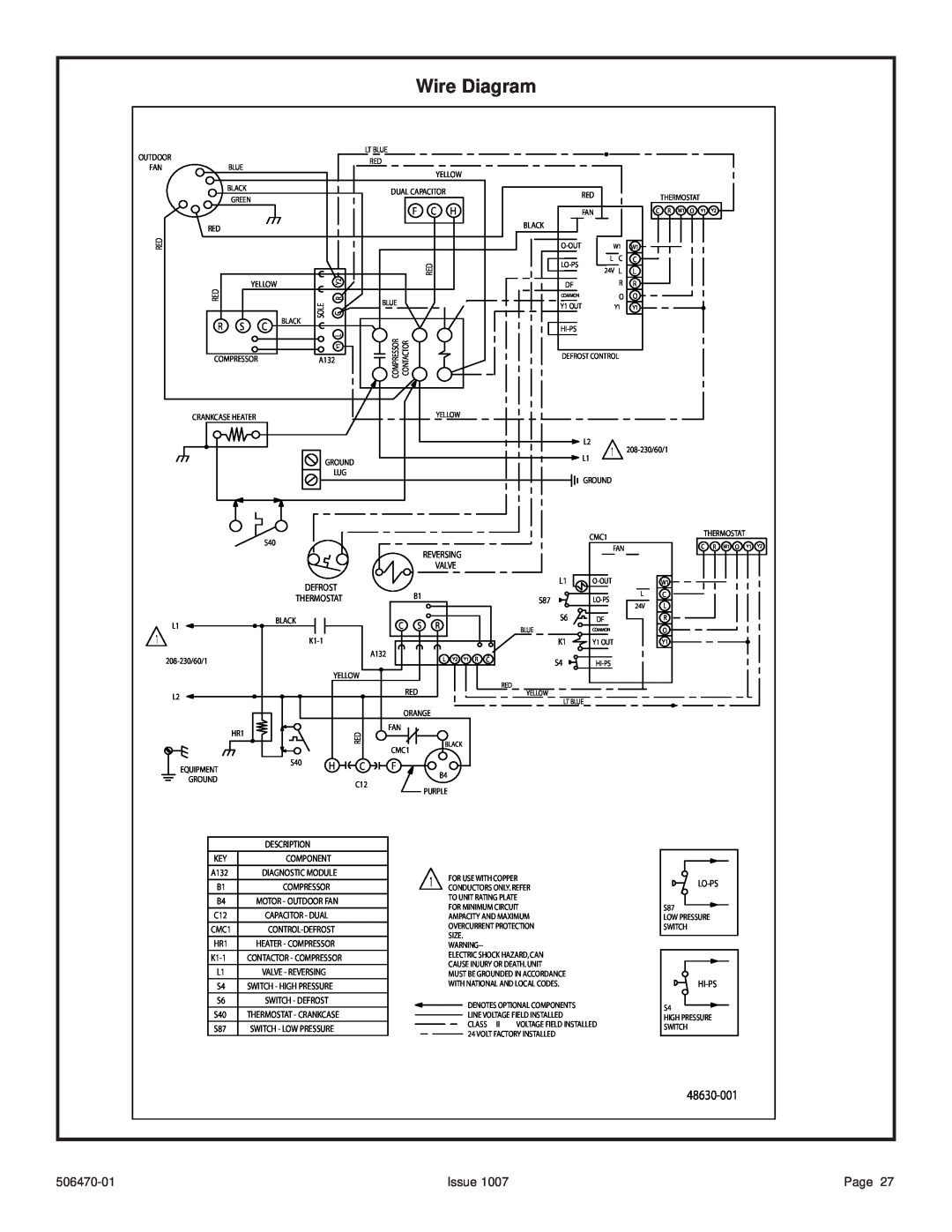Lennox International Inc 4HP18LT manual Wire Diagram, 48630-001, Issue, Page, 506470-01 