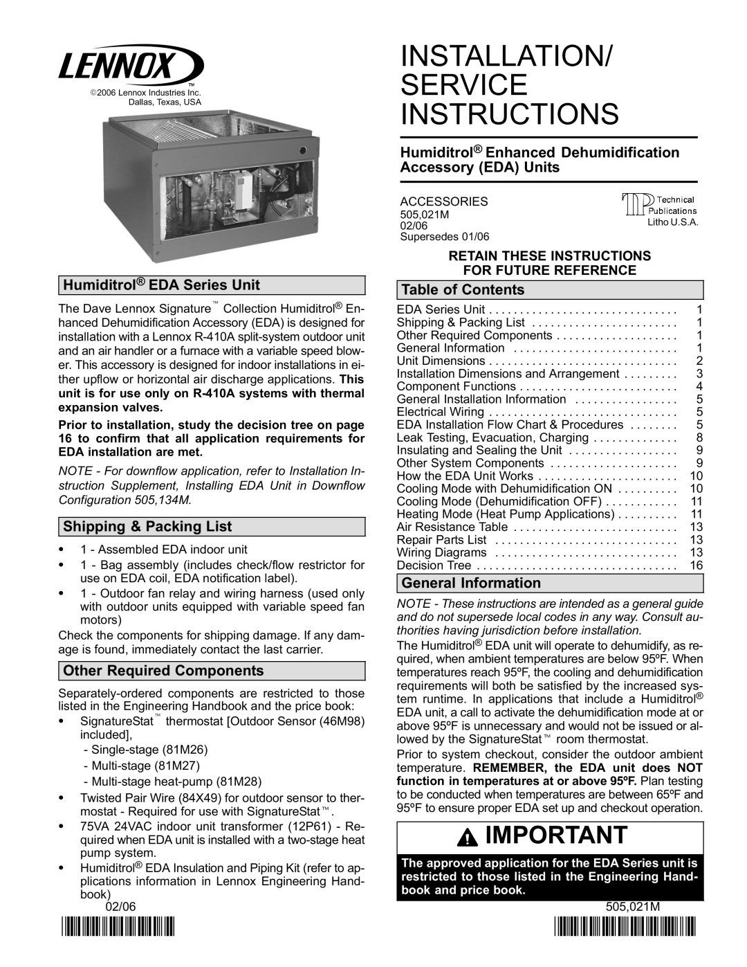 Lennox International Inc 021, 505 installation instructions Humiditrol EDA Series Unit, Shipping & Packing List 