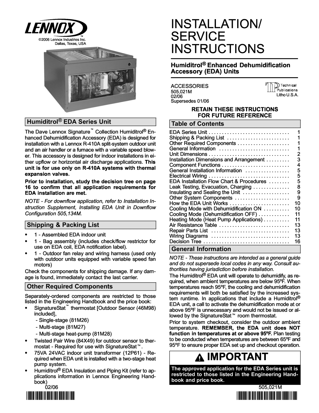 Lennox International Inc 021, 505 installation instructions Installation Service Instructions, Humiditrol EDA Series Unit 