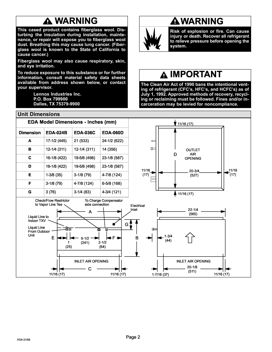 Lennox International Inc 505, 021 installation instructions Unit Dimensions, EDA Model Dimensions − Inches mm 