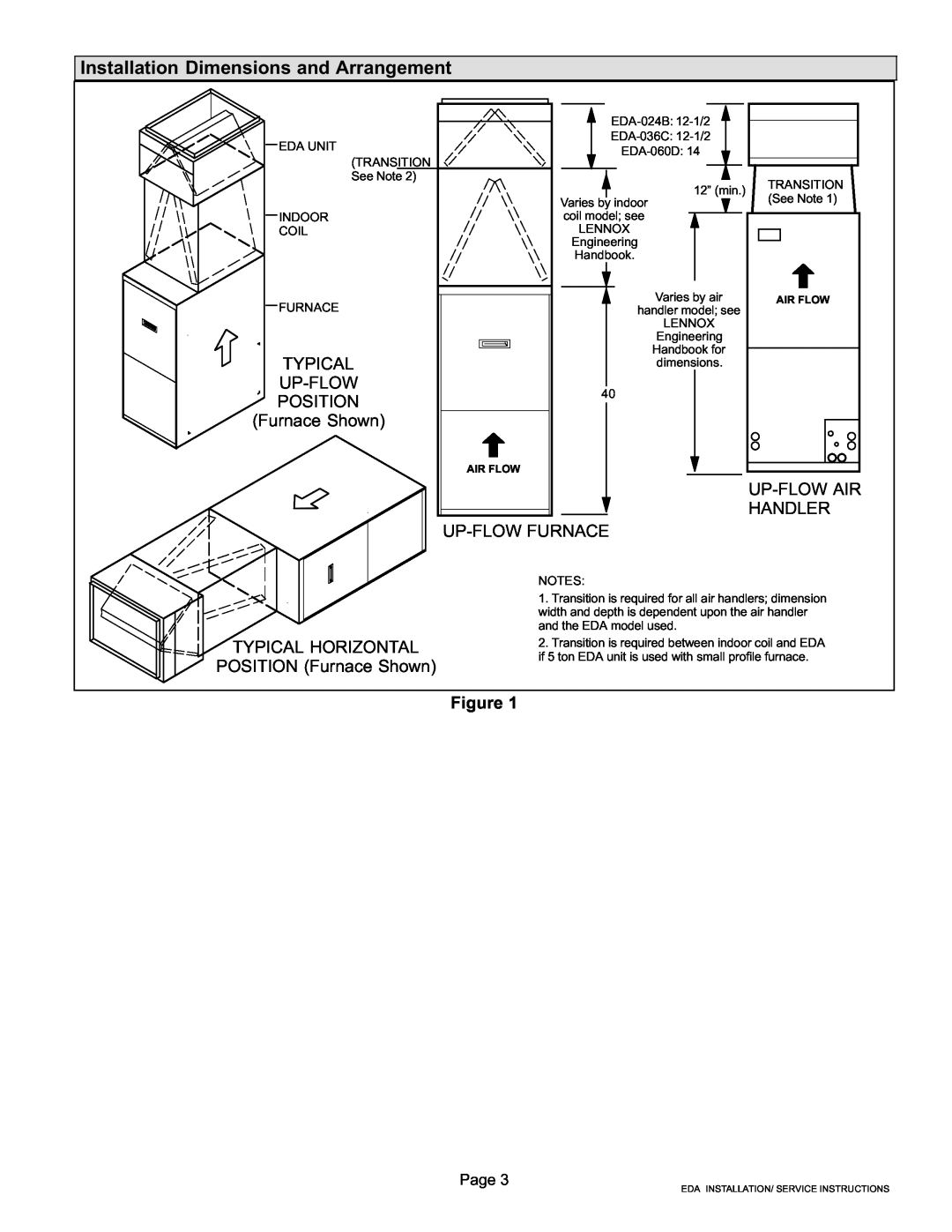 Lennox International Inc 021, 505 Installation Dimensions and Arrangement, TYPICAL UP−FLOW POSITION Furnace Shown 