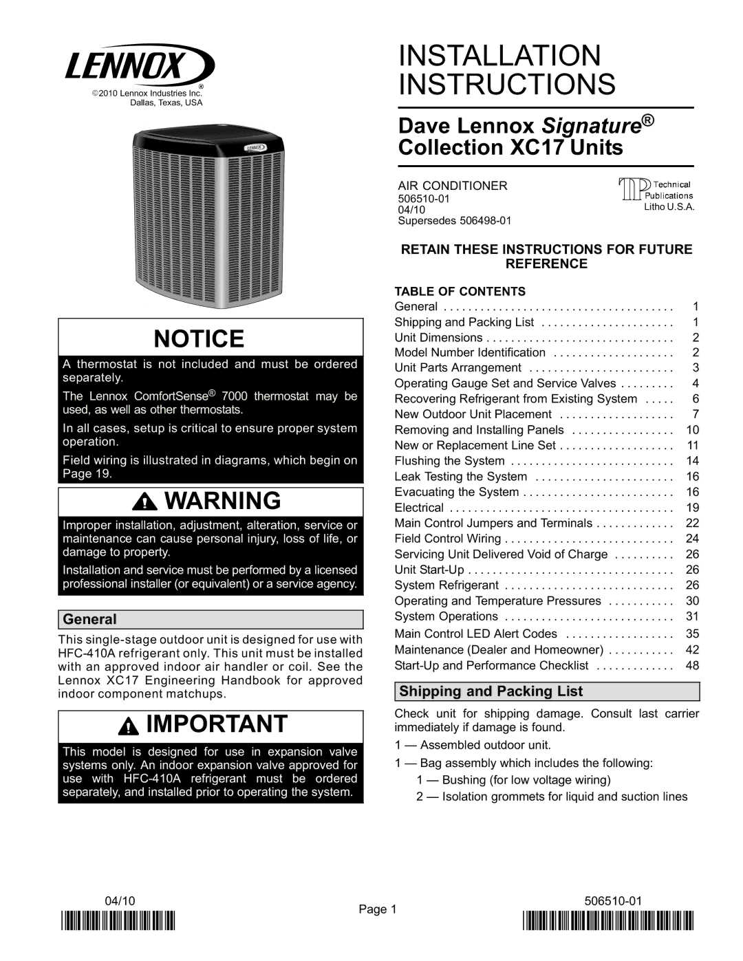 Lennox International Inc Dave Lennox Signature Collection XC17 Air Conditioner installation instructions General 