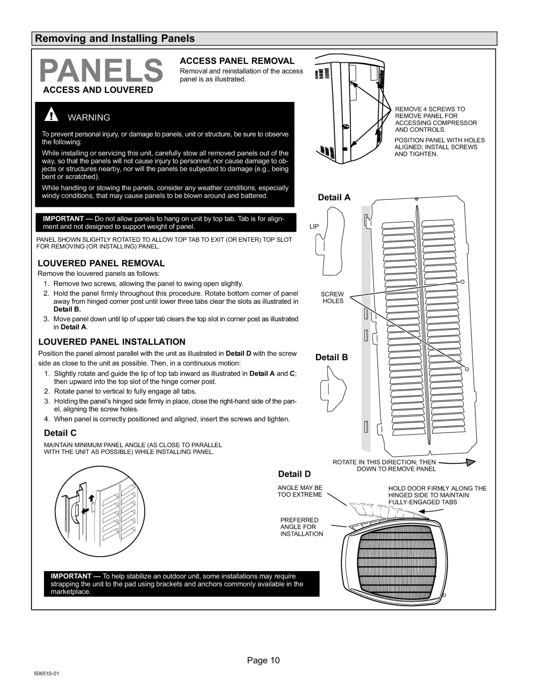 Lennox International Inc 506510-01 Removing and Installing Panels, Access Panel Removal, Access and Louvered 