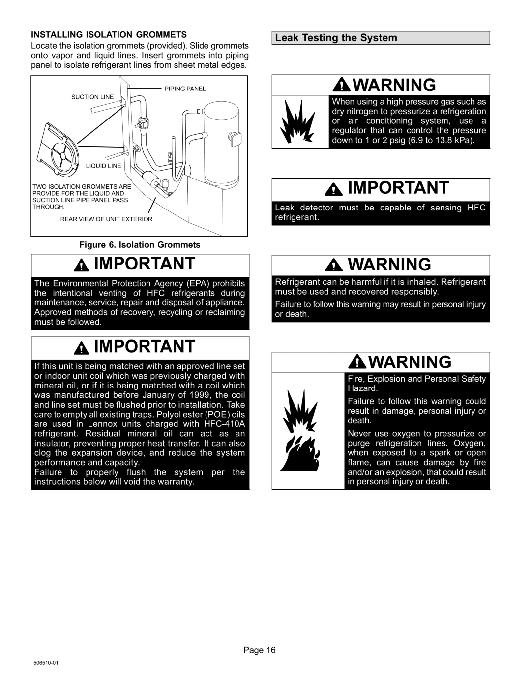 Lennox International Inc 506510-01 installation instructions Leak Testing the System, Installing Isolation Grommets 