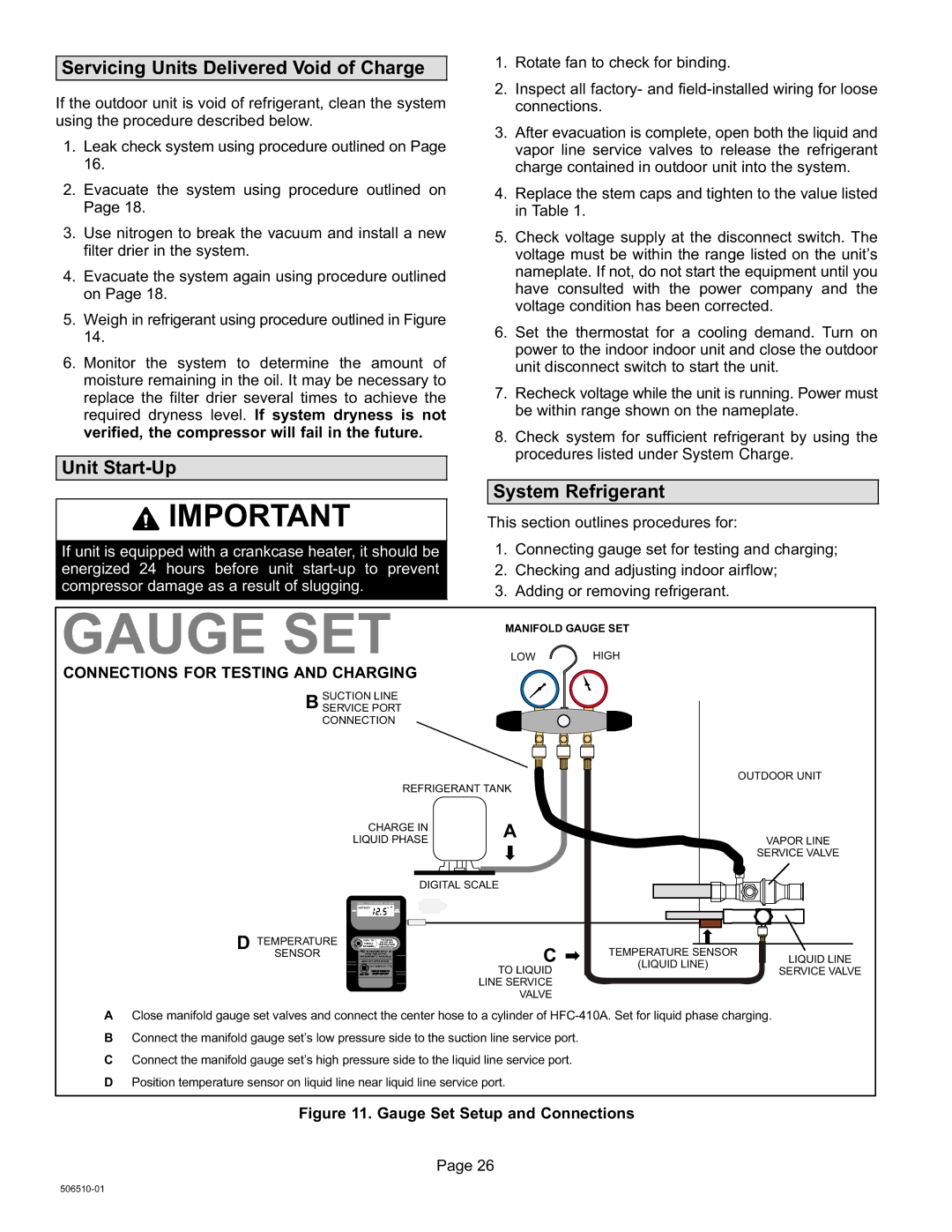 Lennox International Inc 506510-01 Gauge SET, Servicing Units Delivered Void of Charge, Unit Start−Up, System Refrigerant 