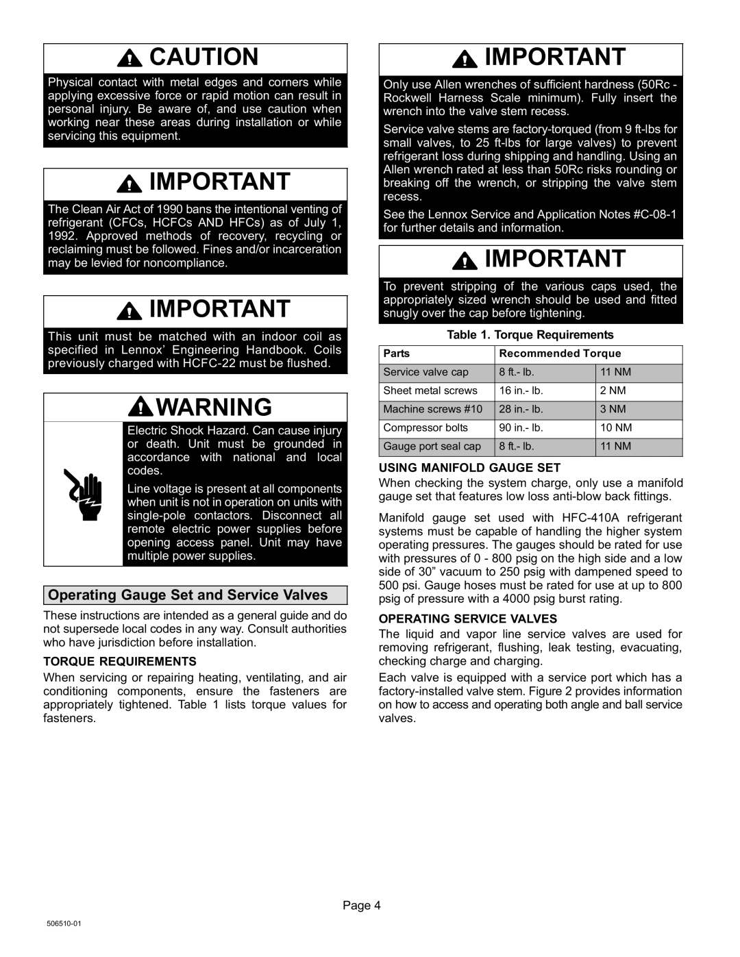 Lennox International Inc 506510-01 Operating Gauge Set and Service Valves, Torque Requirements, Using Manifold Gauge SET 