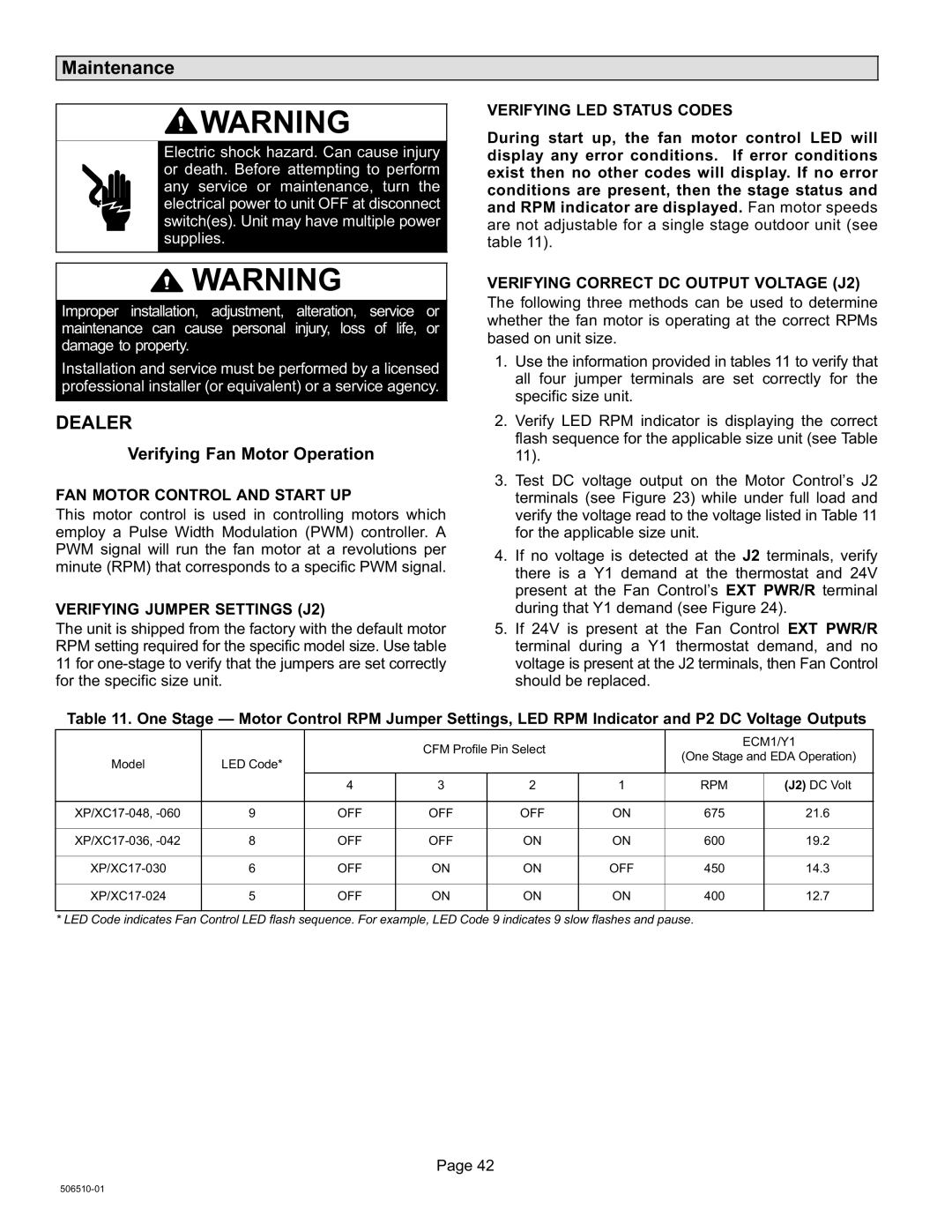 Lennox International Inc 506510-01 Maintenance, FAN Motor Control and Start UP, Verifying Jumper Settings J2 