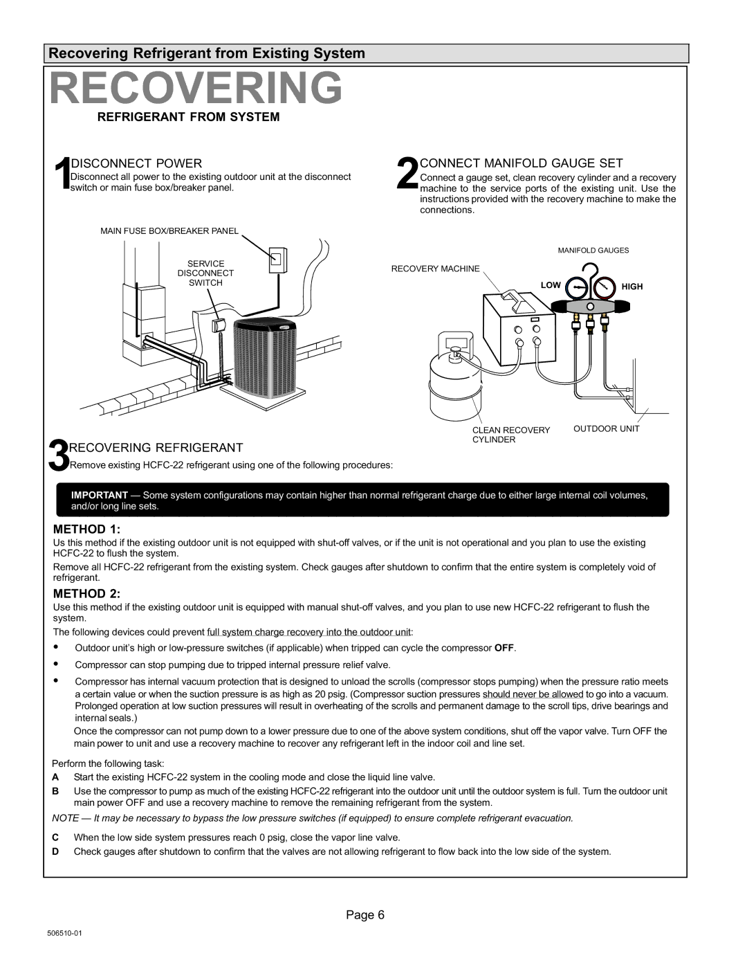 Lennox International Inc 506510-01 installation instructions Recovering Refrigerant from Existing System 