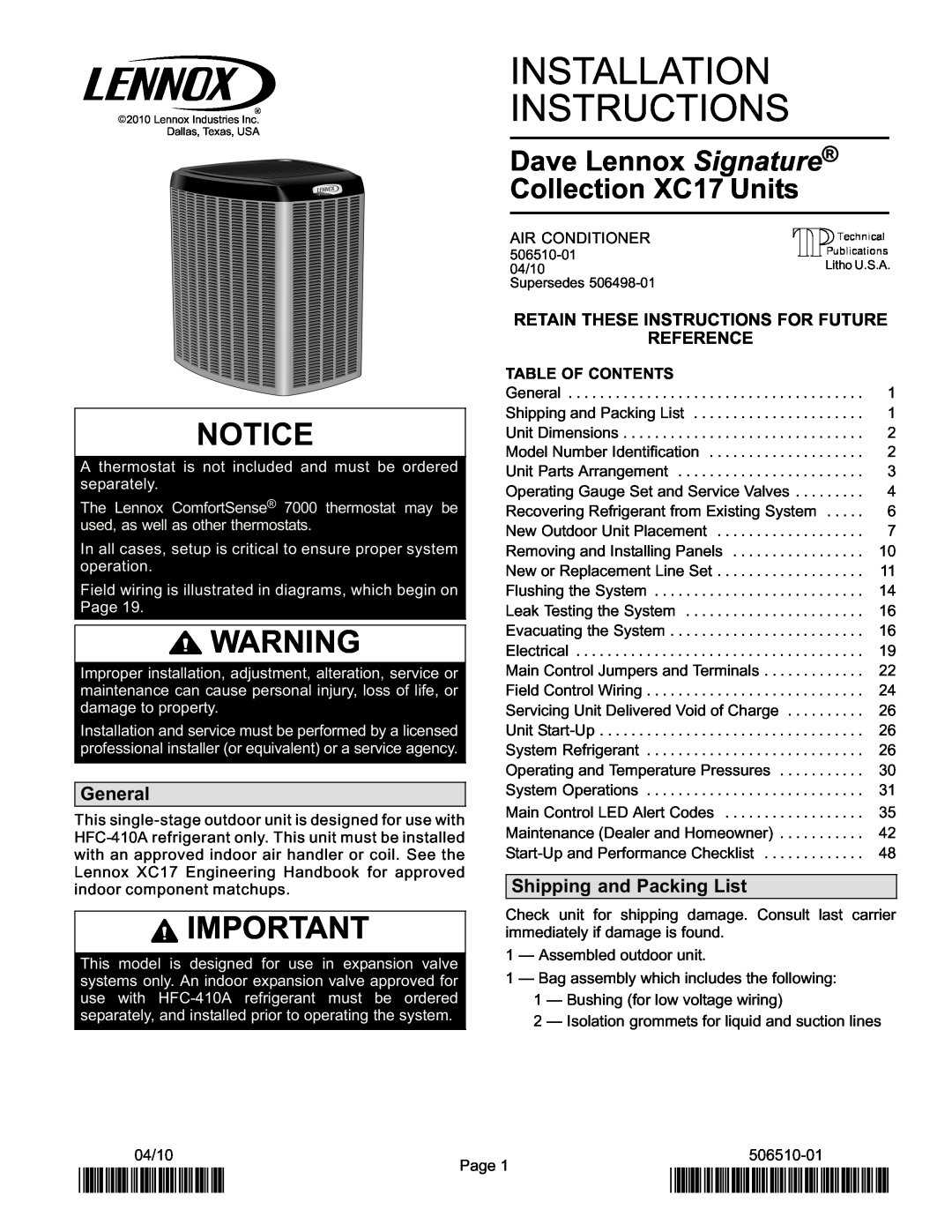 Lennox International Inc Dave Lennox Signature Collection XC17 Air Conditioner installation instructions 2P0410, General 