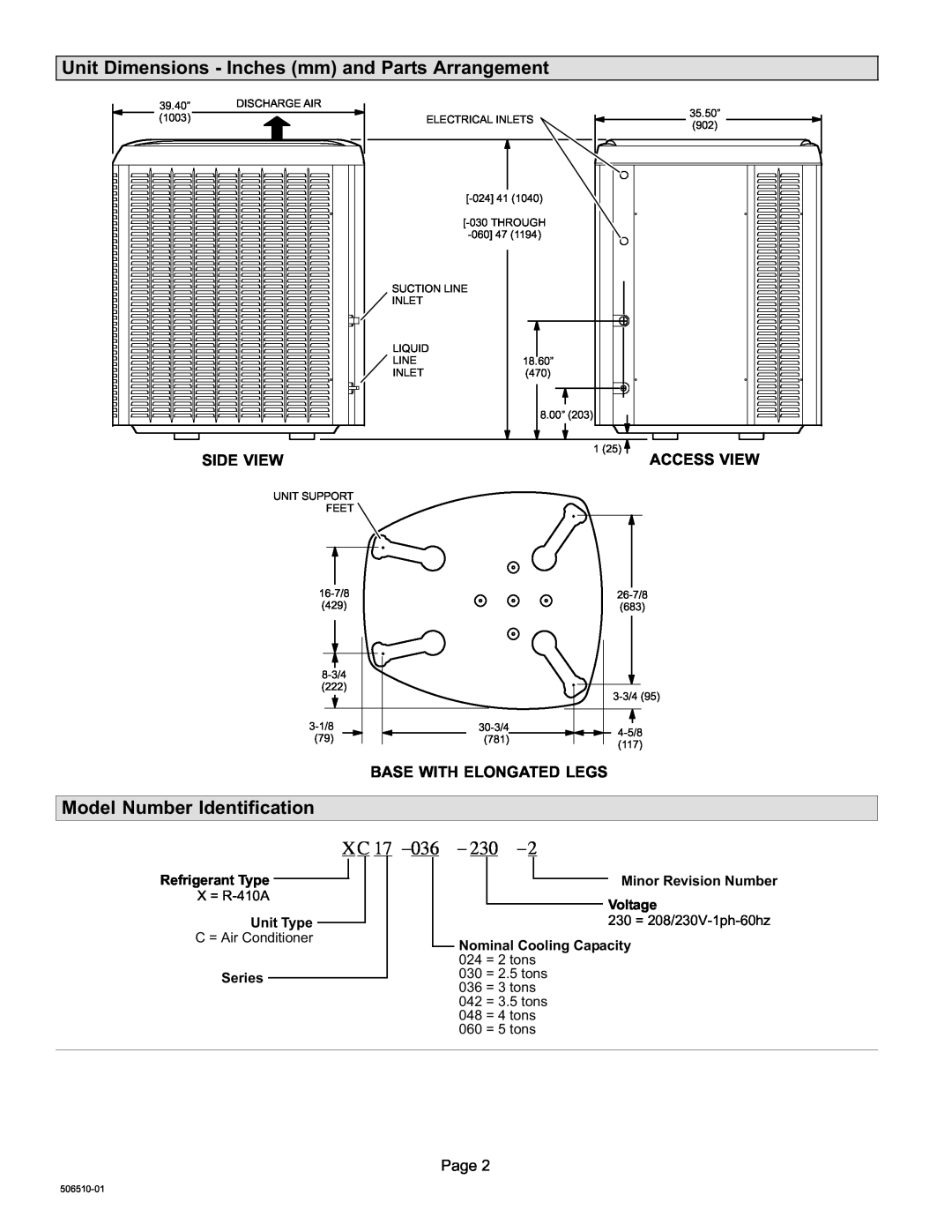 Lennox International Inc 506510-01 Unit Dimensions − Inches mm and Parts Arrangement, Model Number Identification 