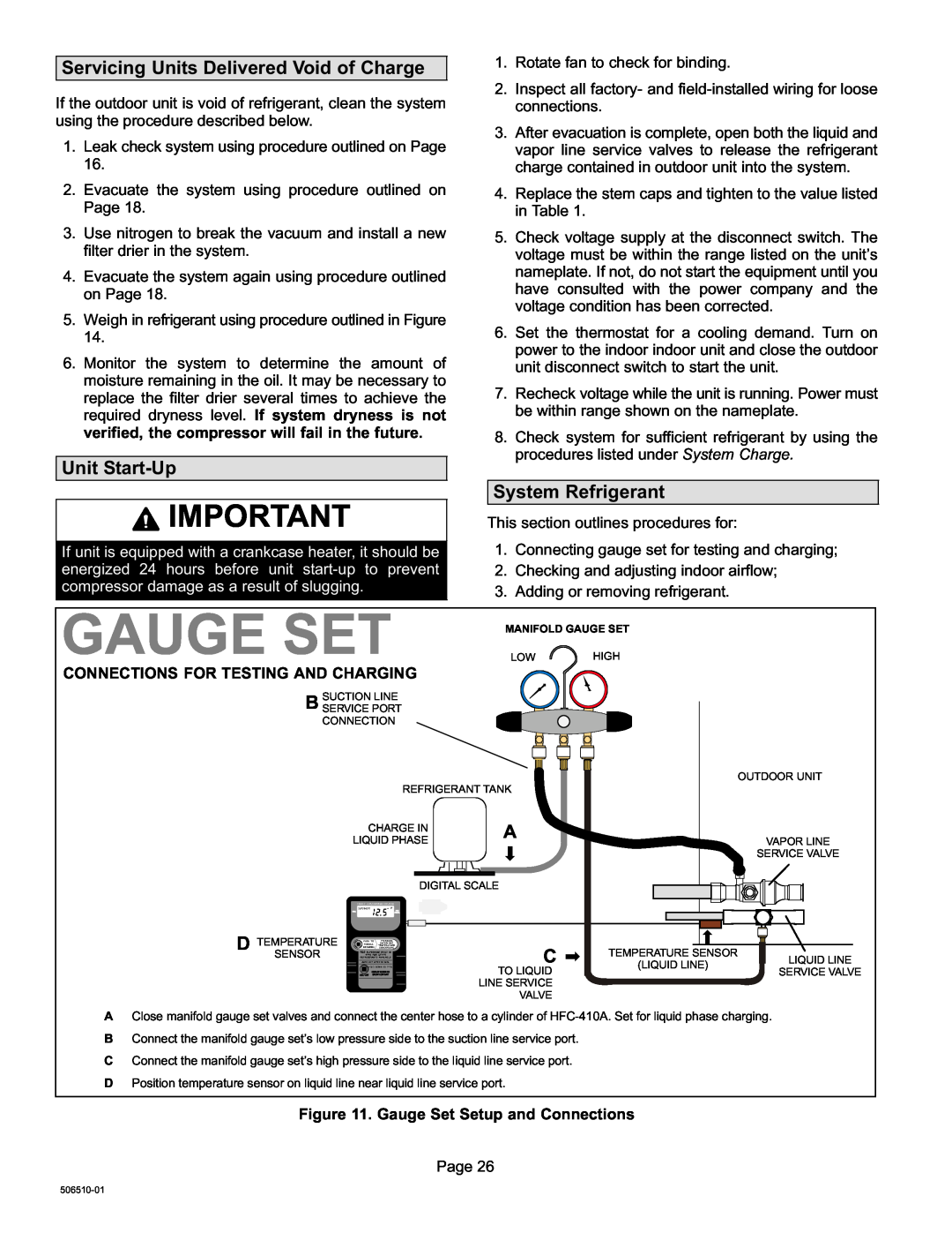 Lennox International Inc 506510-01 Gauge Set, Servicing Units Delivered Void of Charge, Unit Start−Up, System Refrigerant 