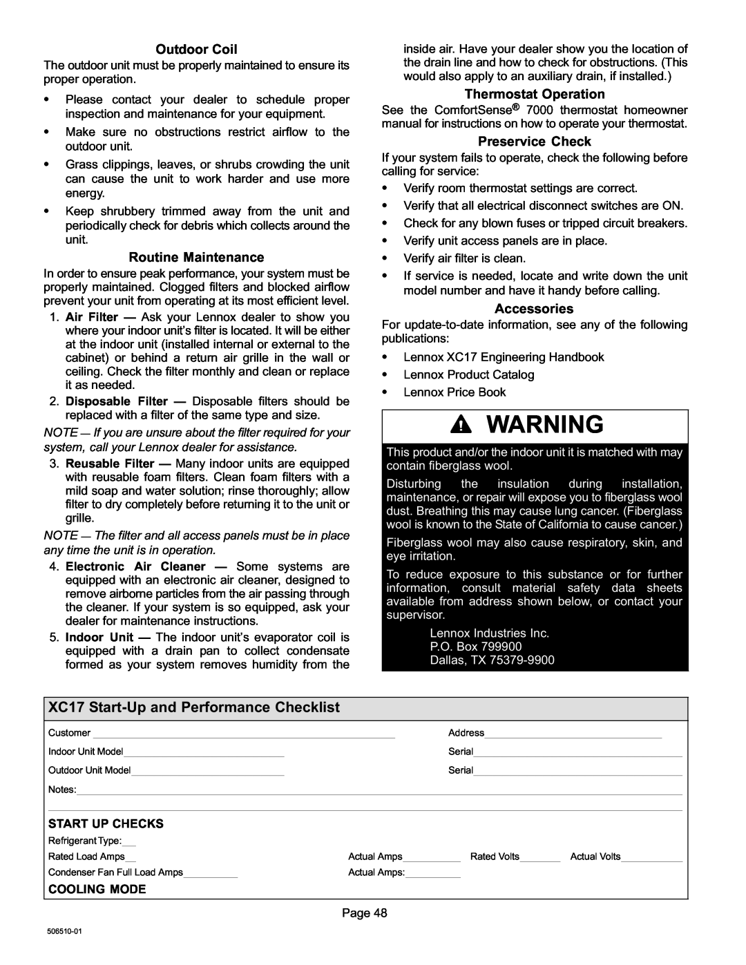 Lennox International Inc 506510-01 XC17 Start−Up and Performance Checklist, Routine Maintenance, Thermostat Operation 