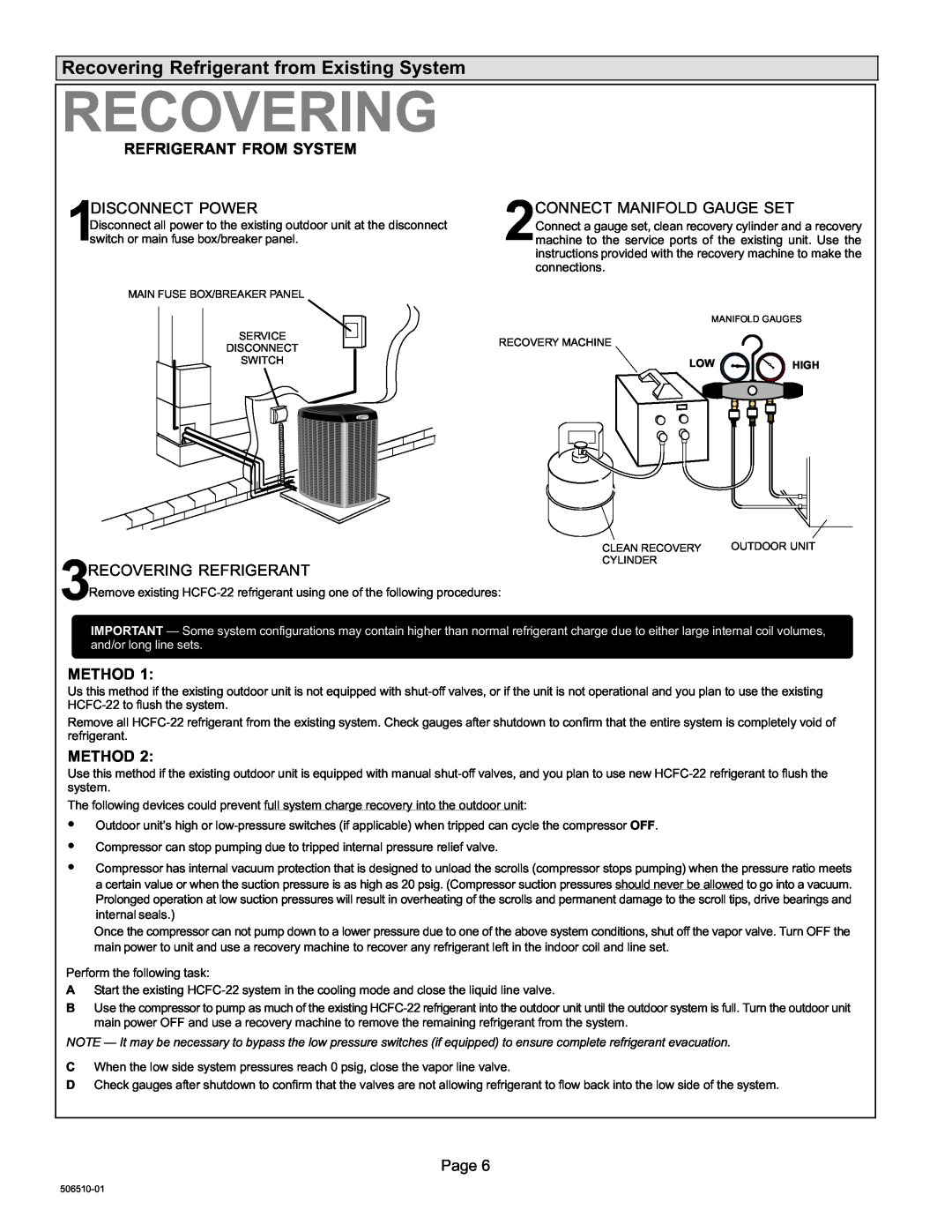 Lennox International Inc 506510-01 installation instructions Recovering Refrigerant from Existing System 
