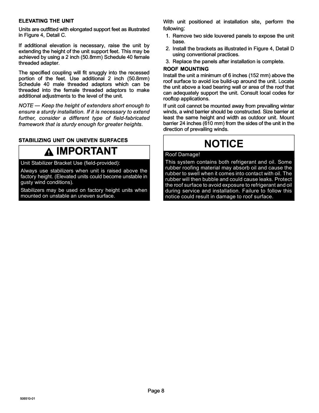 Lennox International Inc 506510-01 installation instructions Unit Stabilizer Bracket Use field−provided 