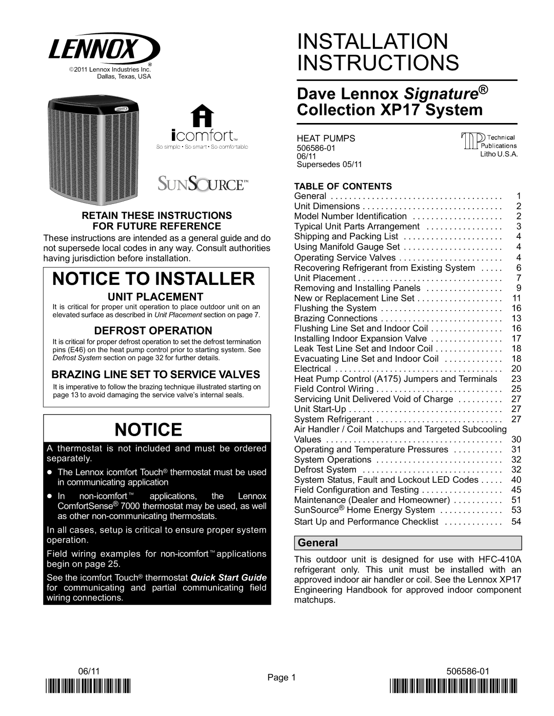 Lennox International Inc Dave Lennox Signature Collection XP17 System HEAT PUMPS installation instructions General 