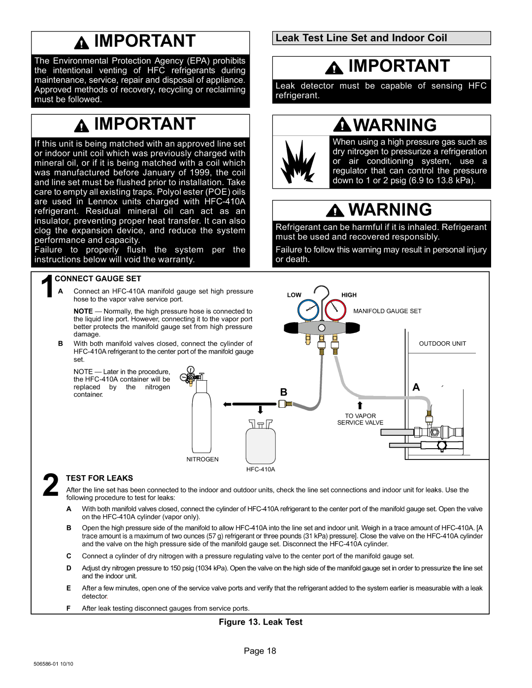 Lennox International Inc 506586-01 installation instructions Leak Test Line Set and Indoor Coil 